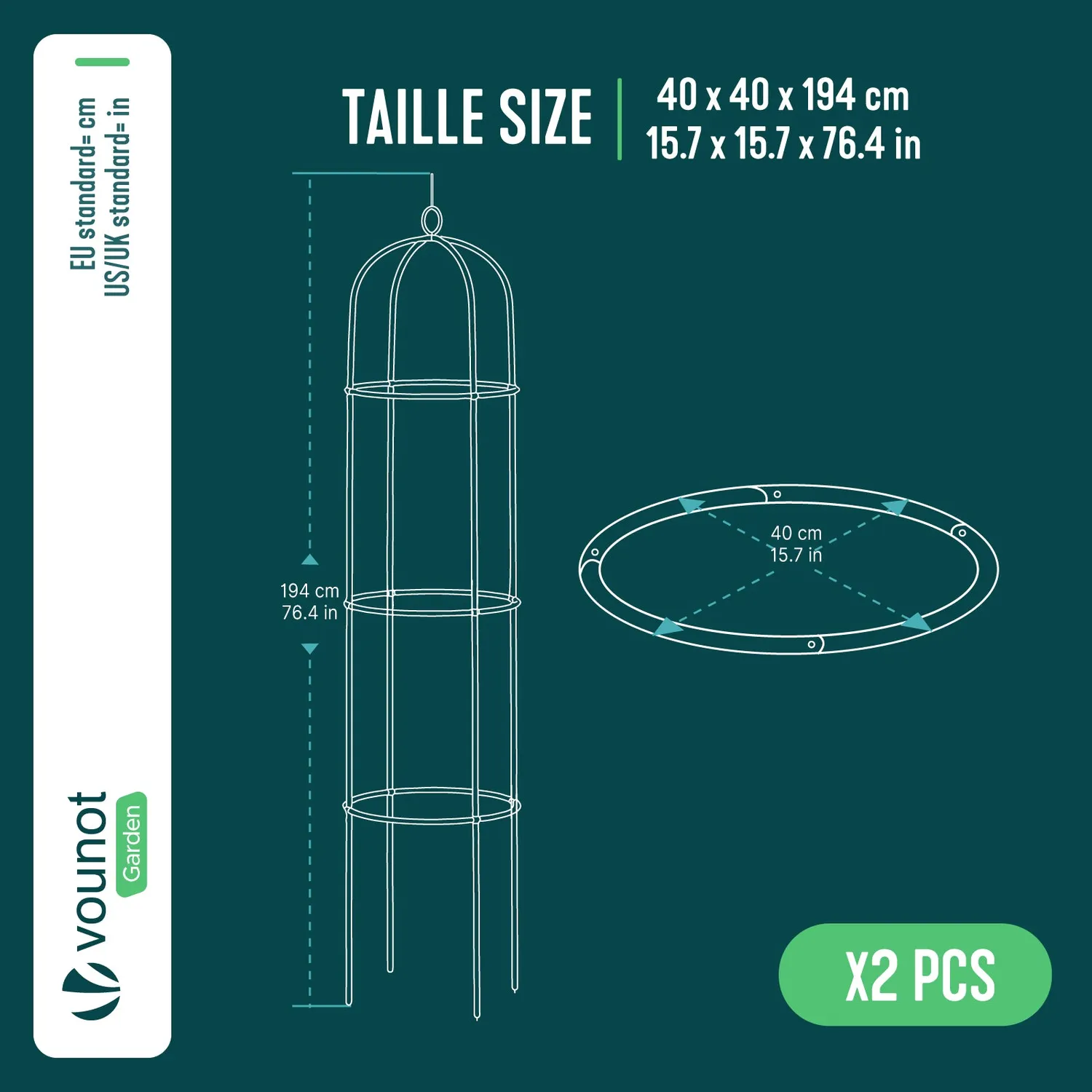 VOUNOT Obelisco Tutore Giardino 194 cm Nero 2 pezzi