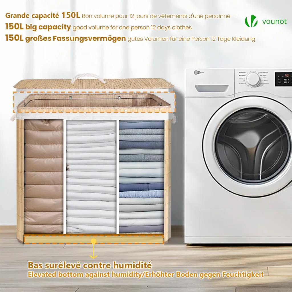 VOUNOT Cesto portabiancheria bambù 150L 60x41x60cm 3 scomparti