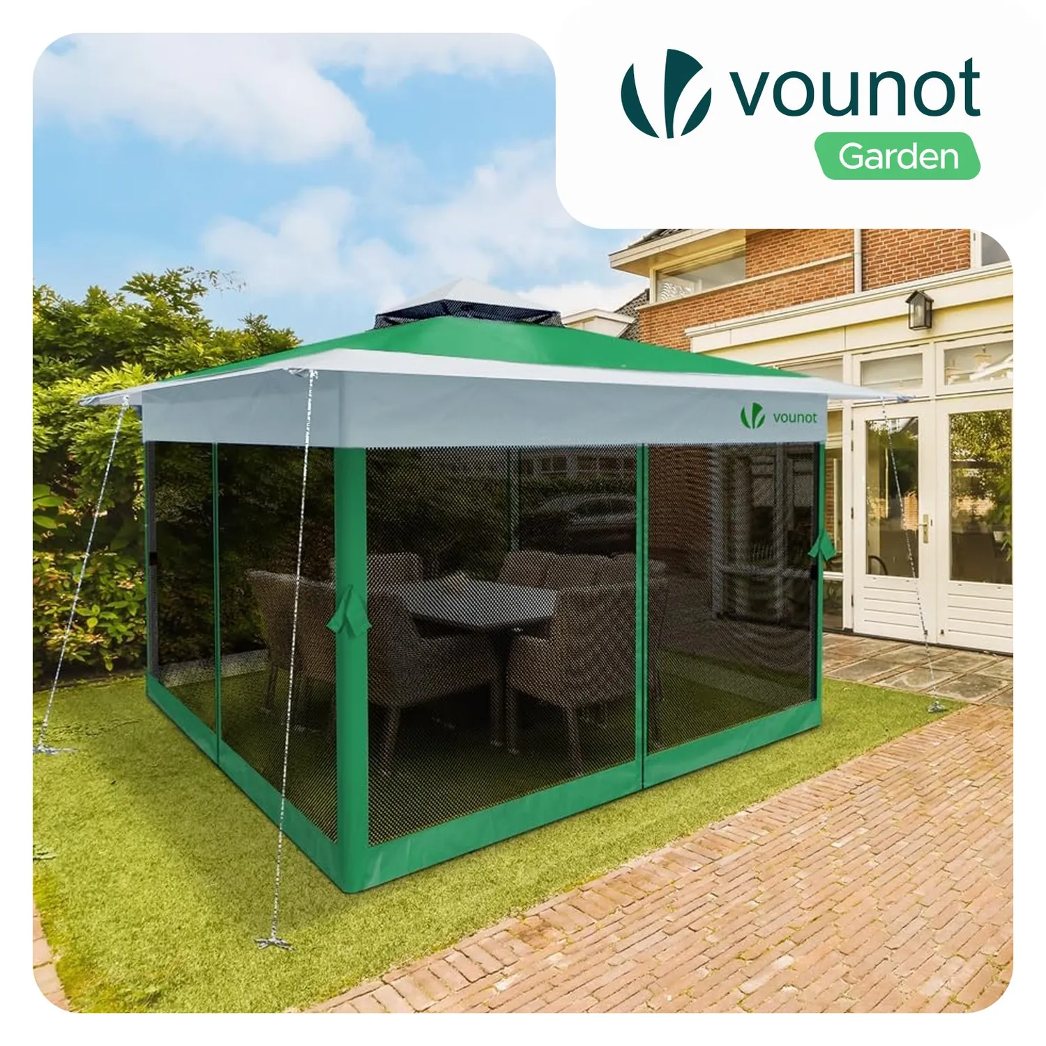 VOUNOT Gazebo Giardino 3,6x3,6m Verde Zanzariere