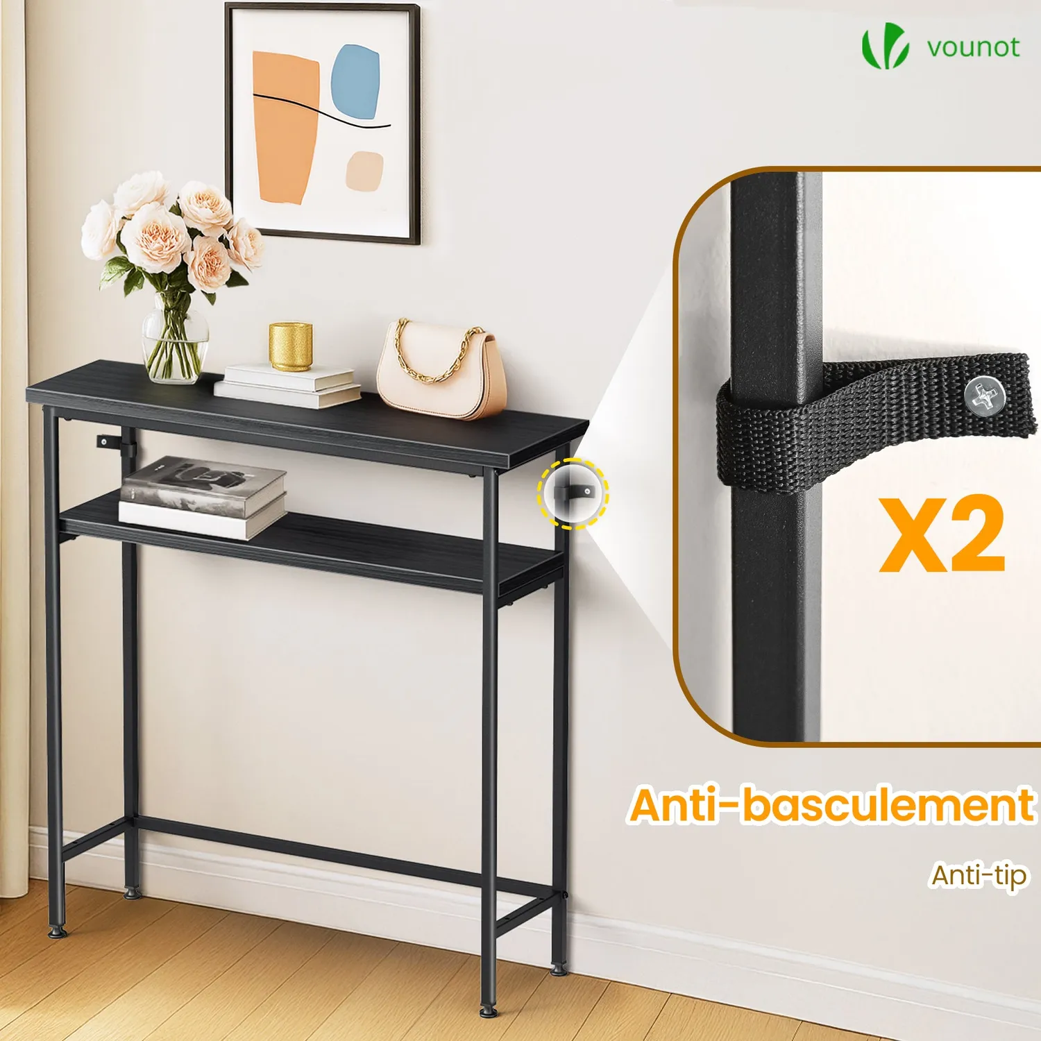VOUNOT Consolle Ingresso 2 Ripiani 80x24x80 Nera Industriale