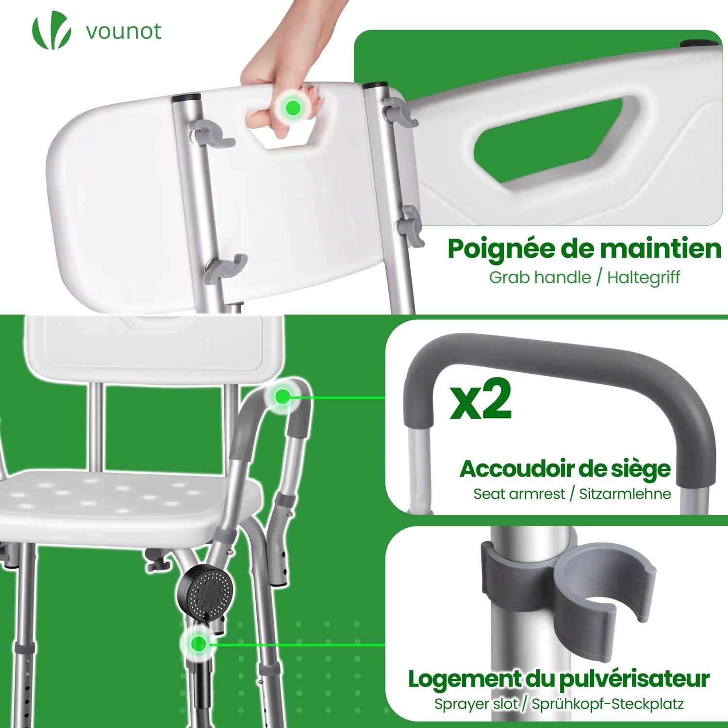 VOUNOT Sedia Doccia Alluminio Bianca con Braccioli antiscivolo