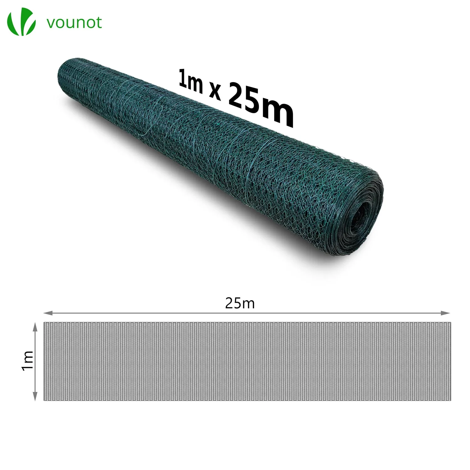 VOUNOT Rete Polli Esagonale Verde 1x25m Maglia 25mm