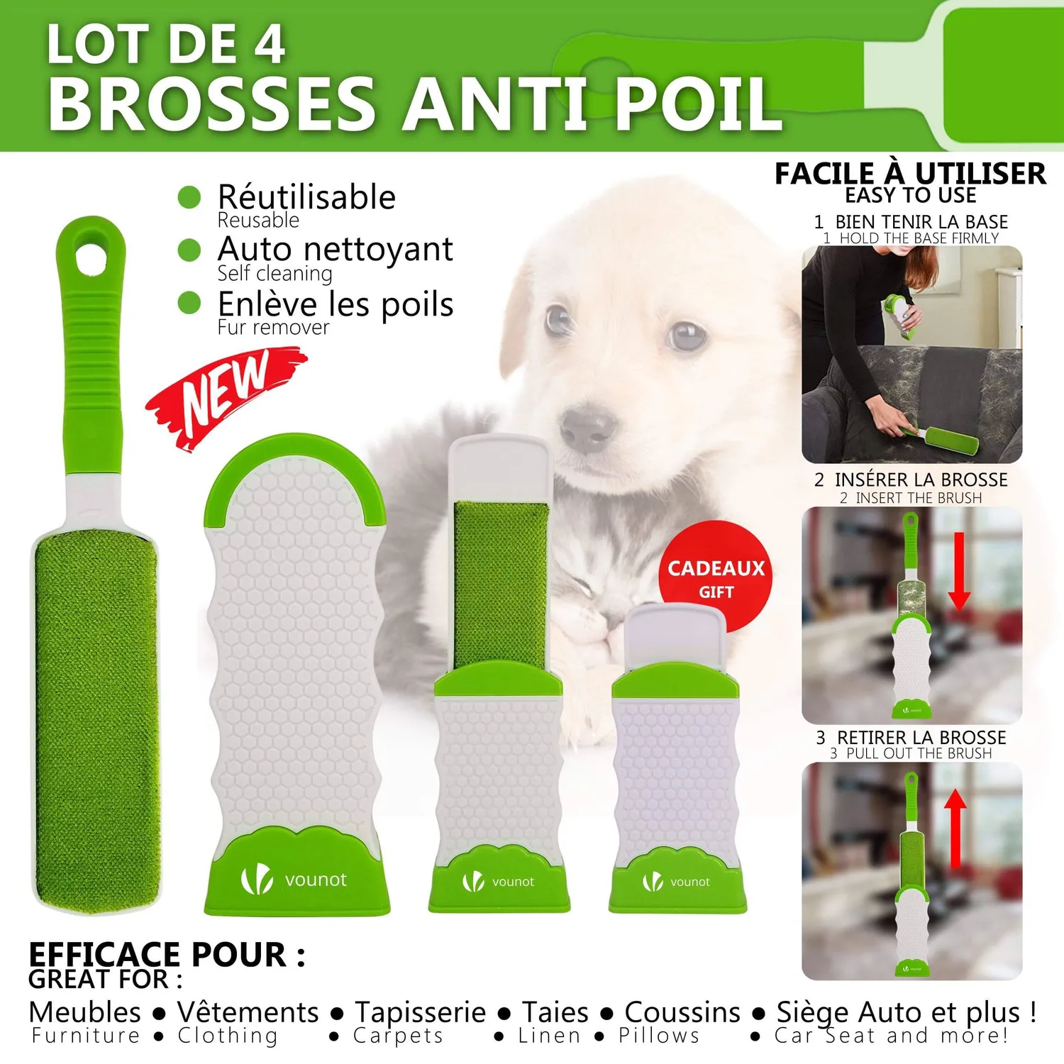 VOUNOT Spazzola Togli Peli Animali Autopulente 3pz