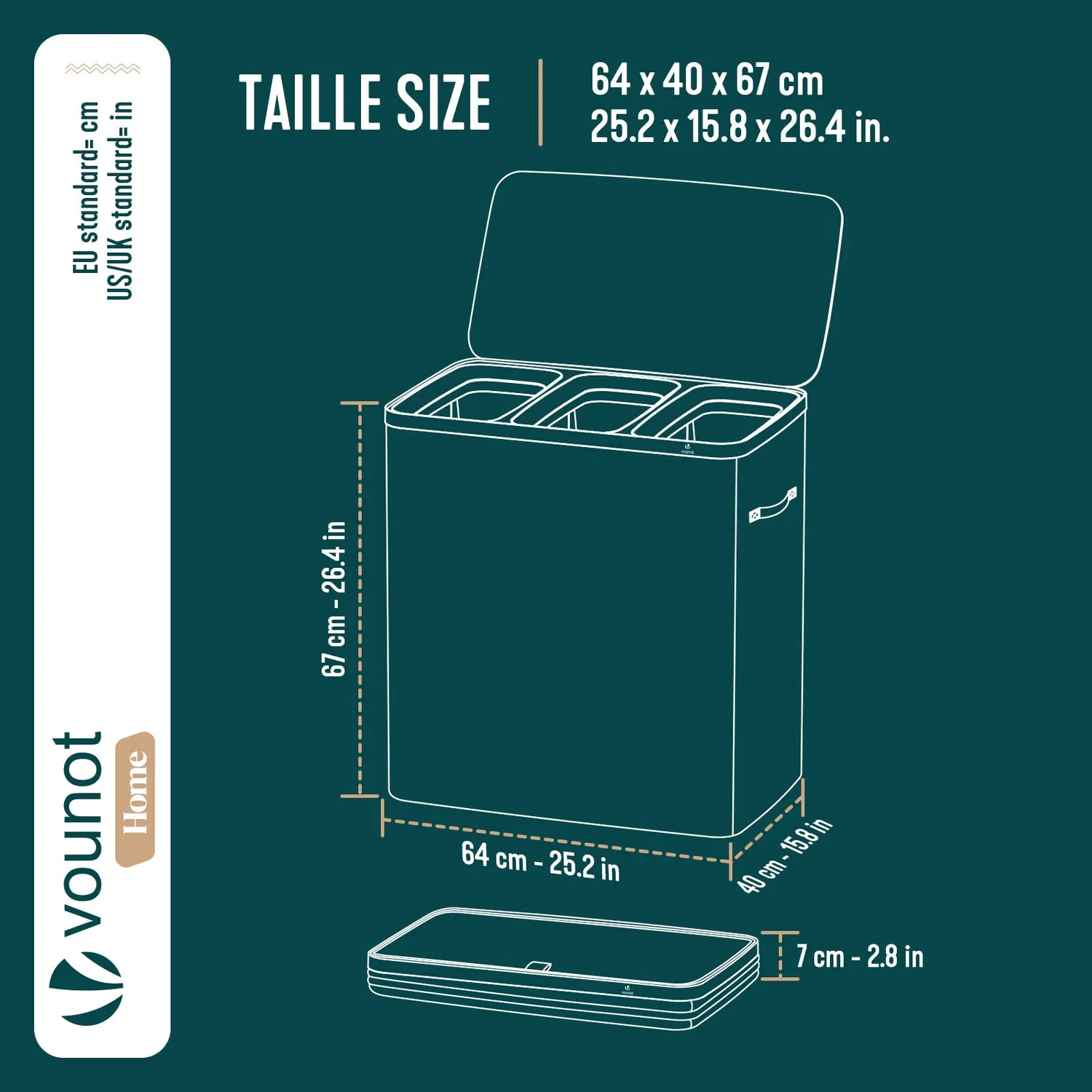 VOUNOT Cesto Portabiancheria 3 Scomparti 170 L Antracite Coperchio
