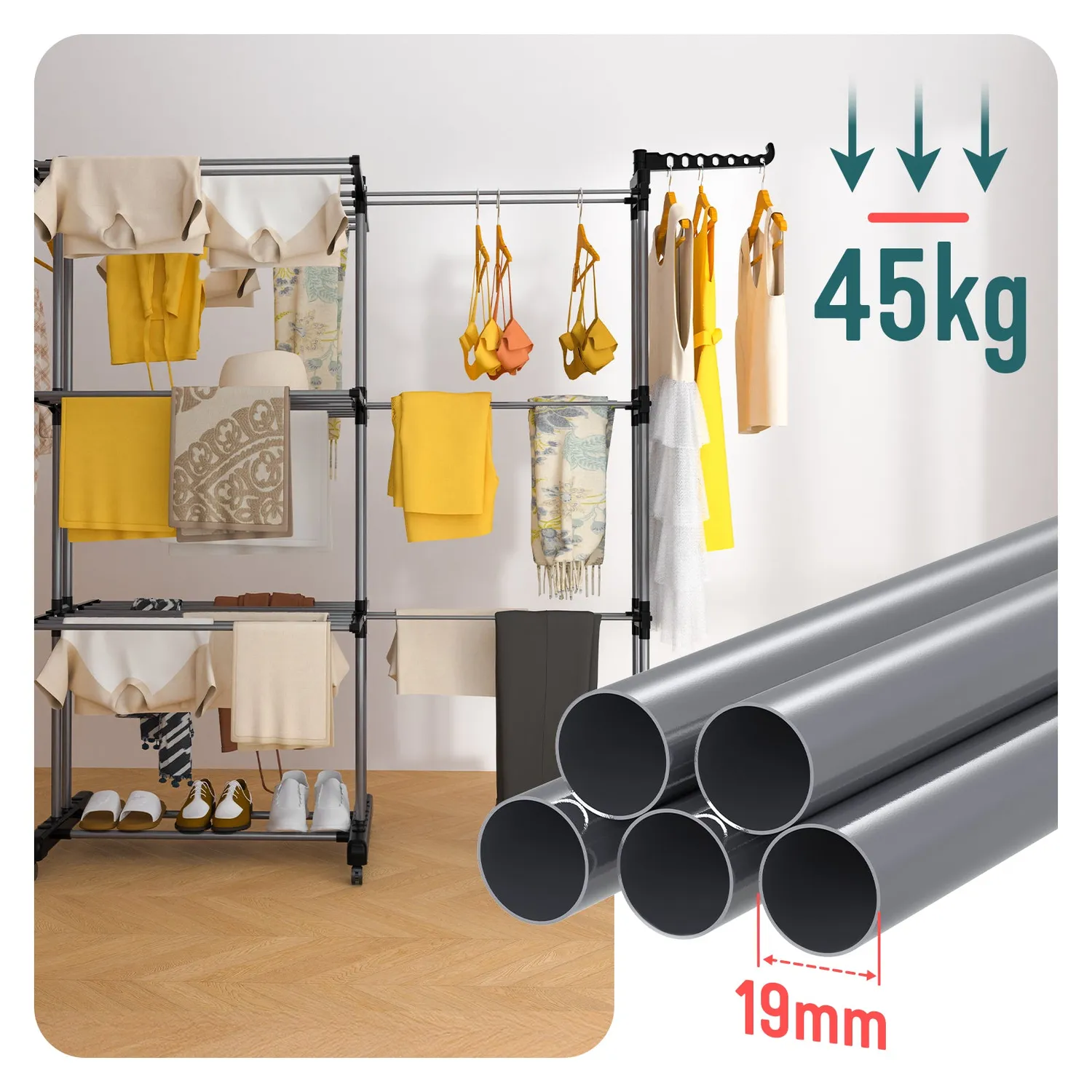 Vounot Stendibiancheria 4 Livelli Nero-Grigio 190x64x170 cm