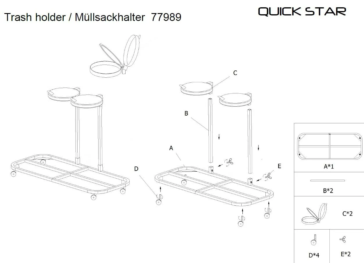QUICK STAR Portasacco Doppio 120L Zincato con Ruote