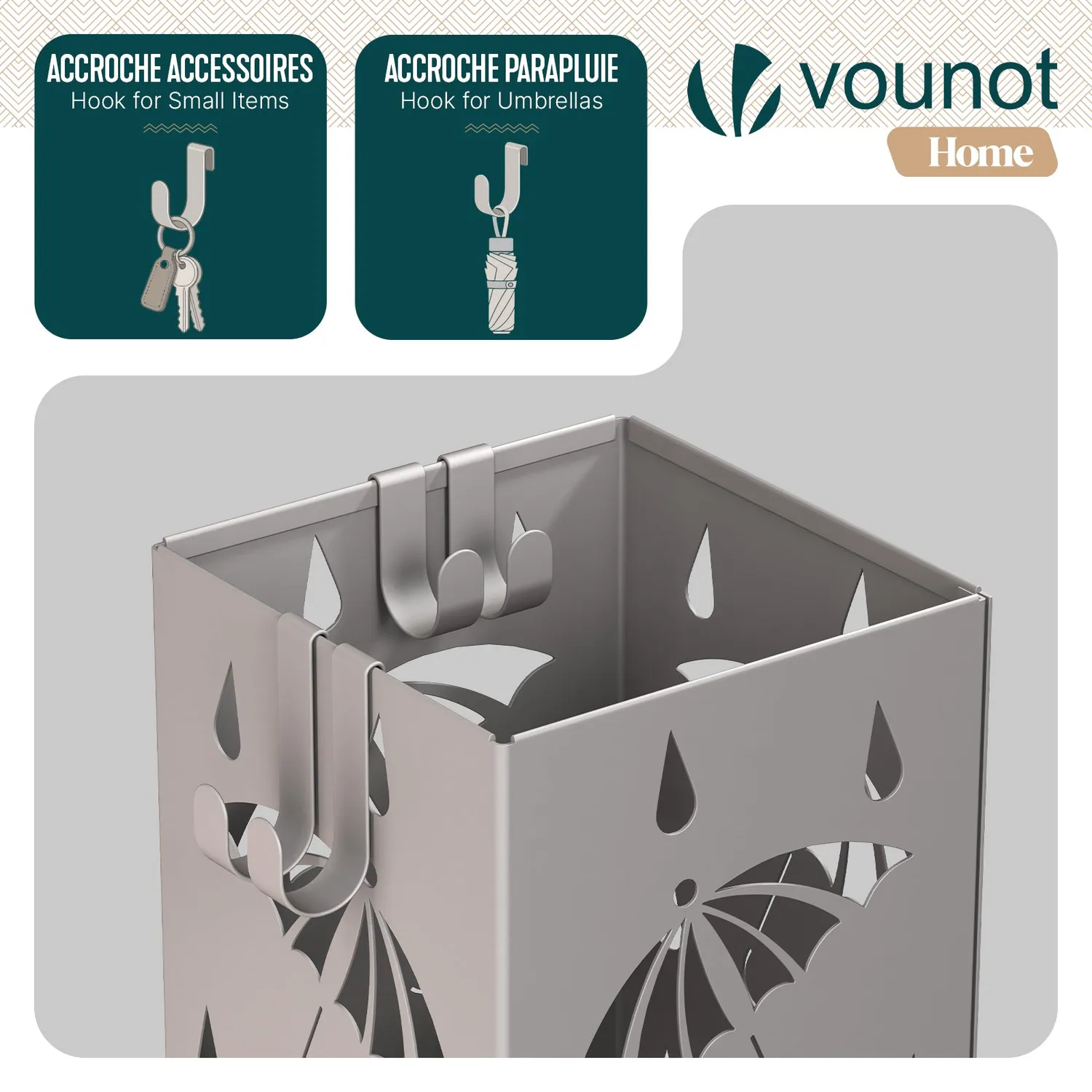 VOUNOT portaombrelli metallo beige con vaschetta 4 ganci