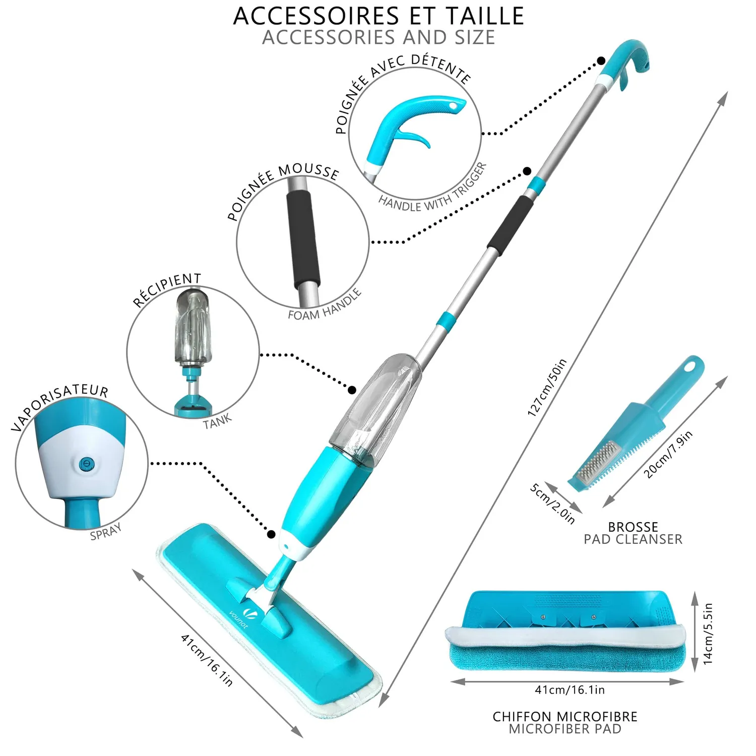 Vounot Scopa spray lavapavimenti manico 128 cm cyan