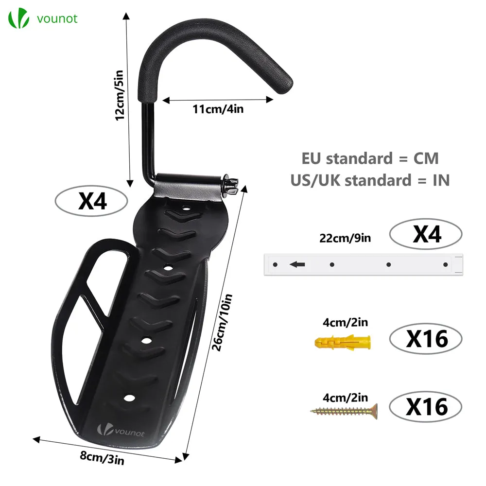 Vounot set 4 ganci bici da parete nero 30kg appendi bici