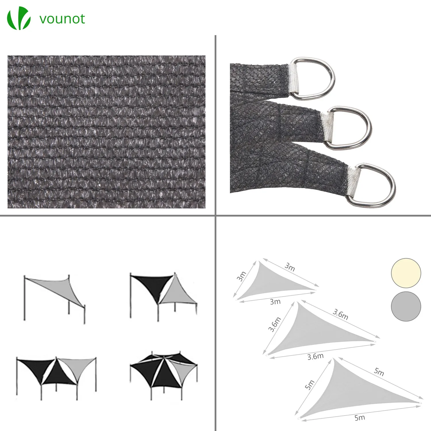 VOUNOT Vela Ombreggiante Triangolo 3x3m Grigia HDPE