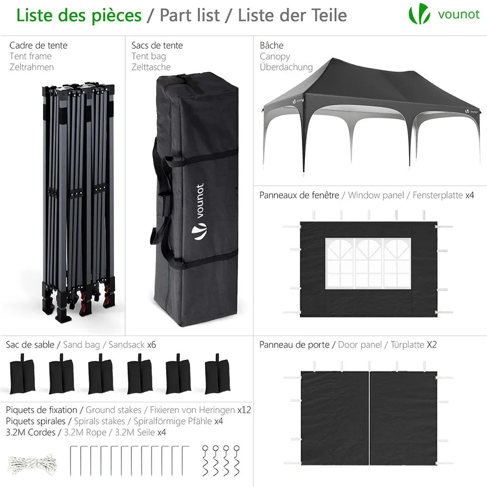 VOUNOT Gazebo giardino pieghevole 3x6m nero 6 pareti