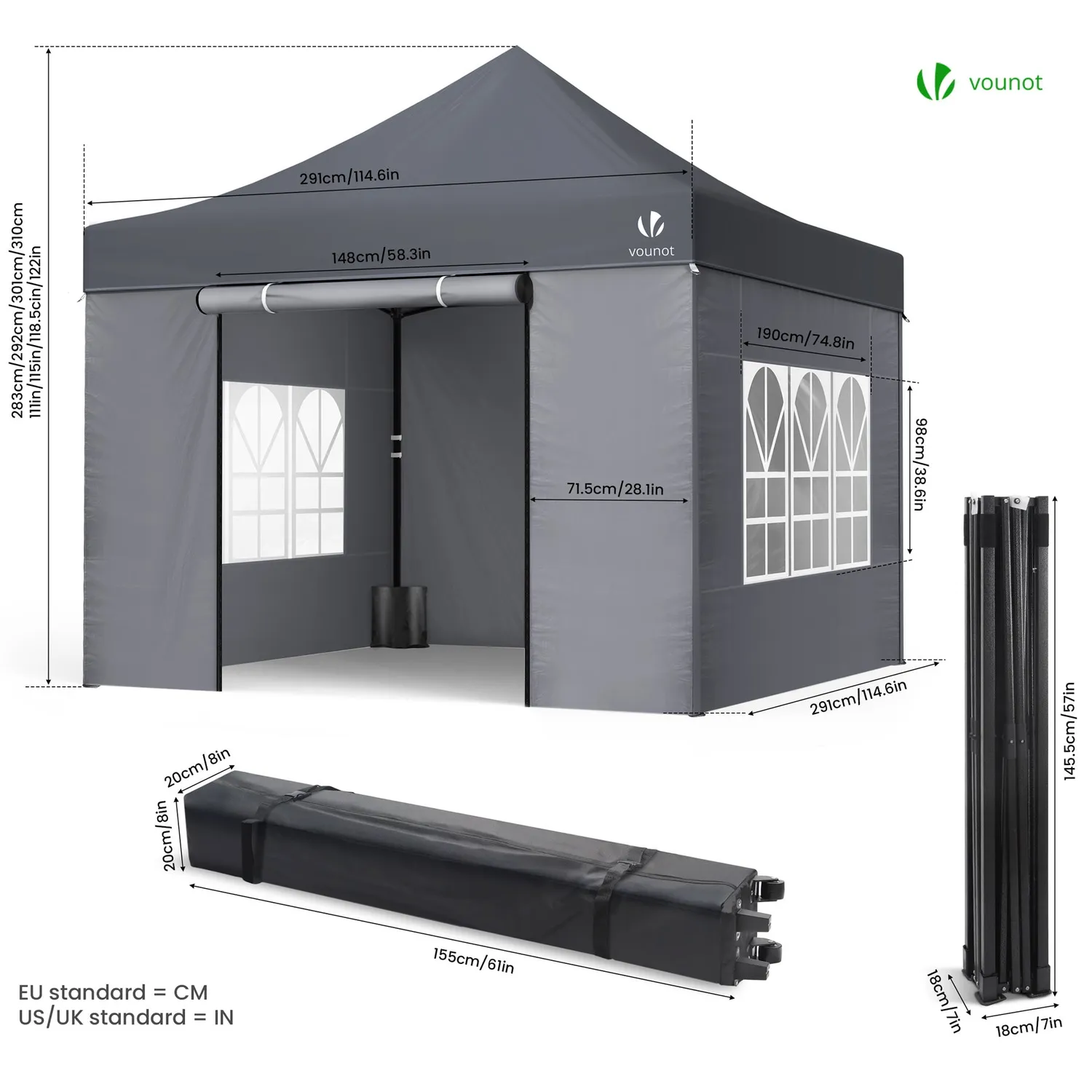 VOUNOT Gazebo pieghevole 3x3 m grigio con pareti impermeabile