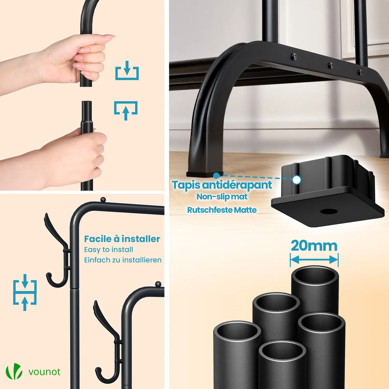 VOUNOT Stender Doppio Appendiabiti Metallo Nero 110x58x150cm 30kg