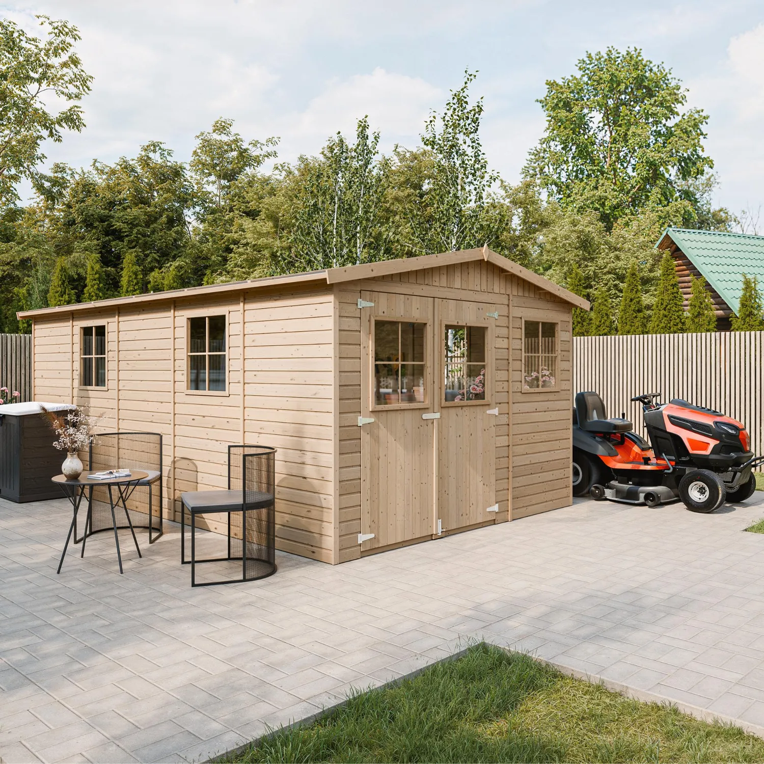 Timbela M337 casetta pannelli legno 303x493 15 m² doppia porta