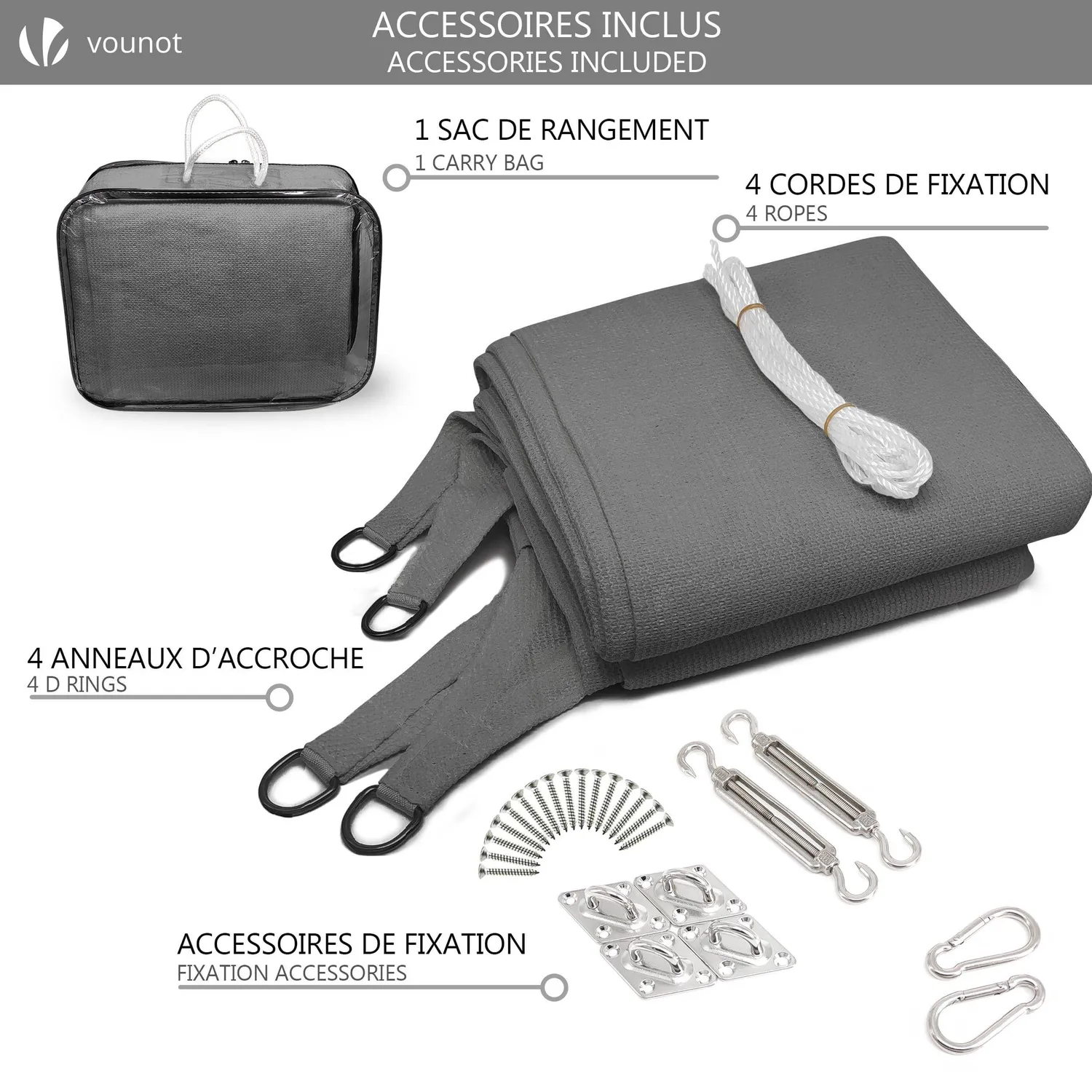 Vounot vela ombreggiante rettangolare 3x2,5 m avorio kit 24pz