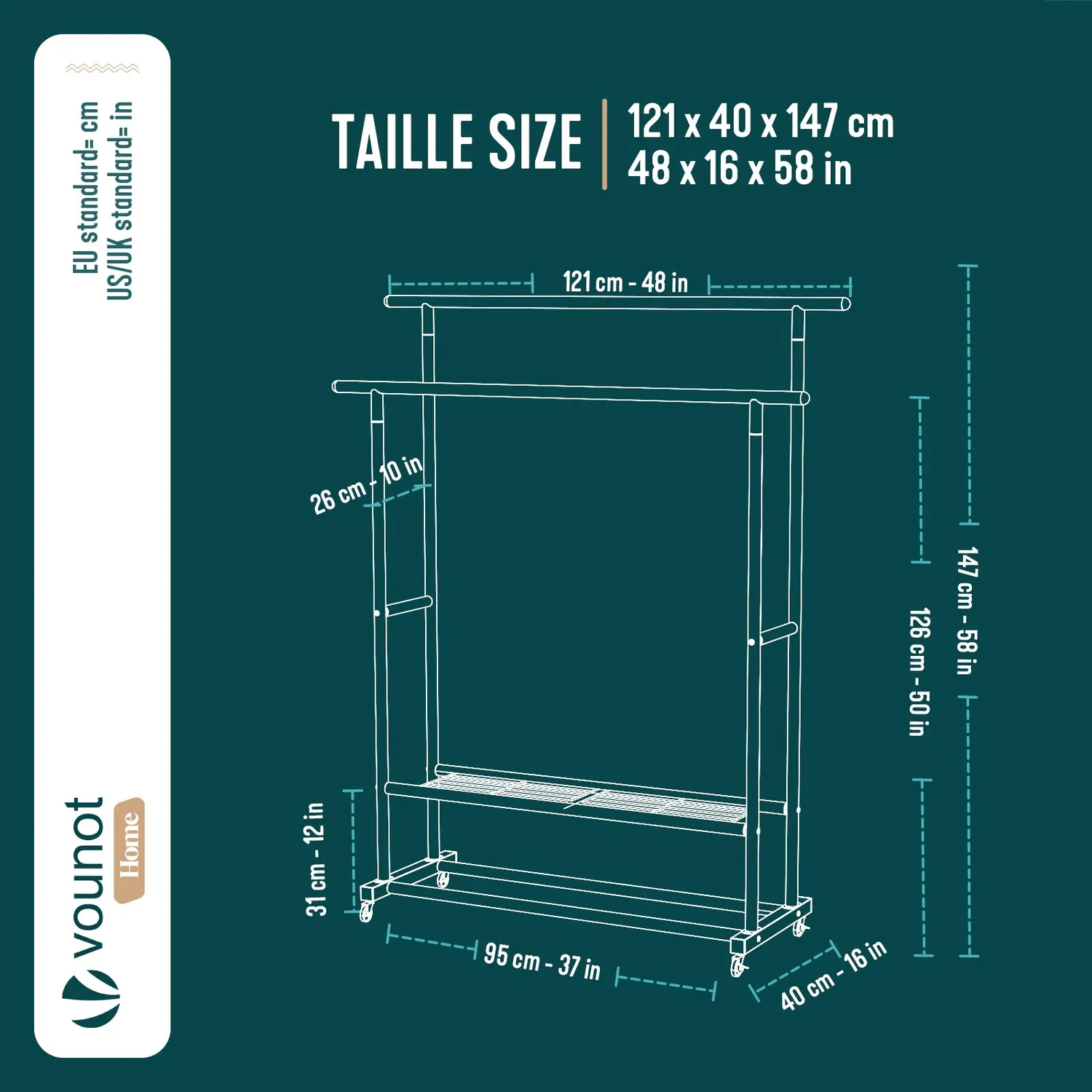 Vounot Stender Doppio con Rotelle 121x40x147cm Nero 40kg