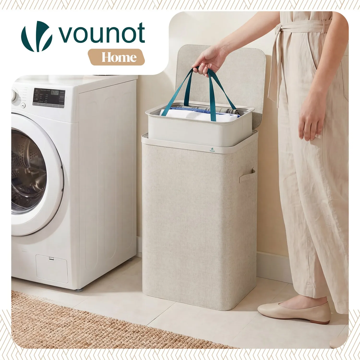 VOUNOT cesto biancheria 90L beige pieghevole coperchio