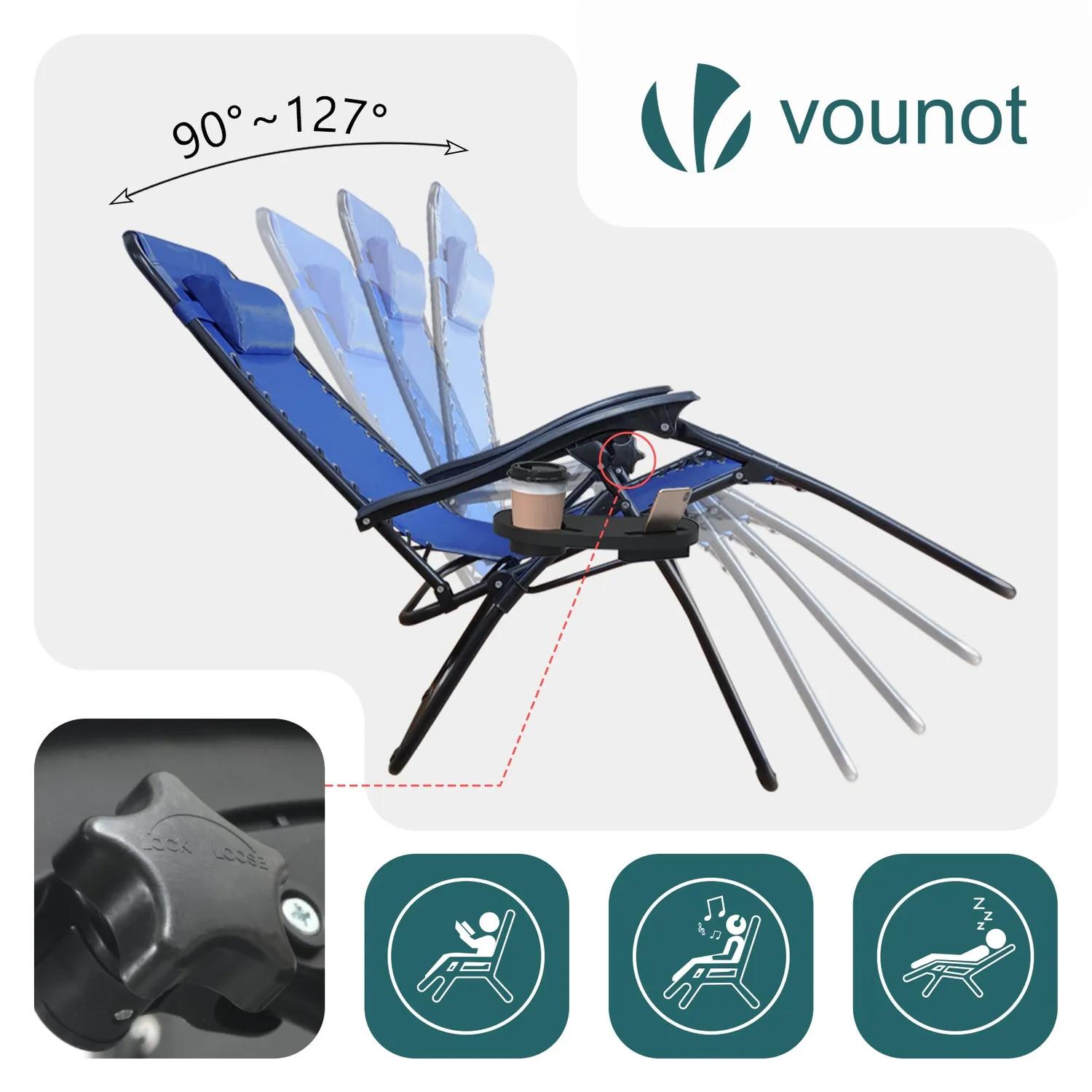 VOUNOT Set 2 sdraio reclinabili textilene blu con tavolo