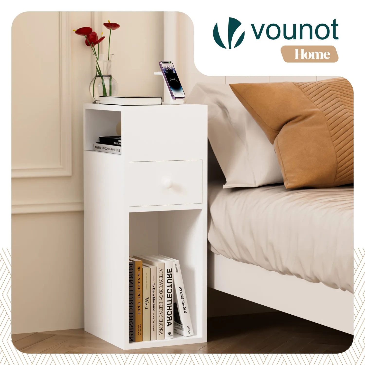 Vounot set 2 comodini bianchi 25x30x66 cm con cassetto