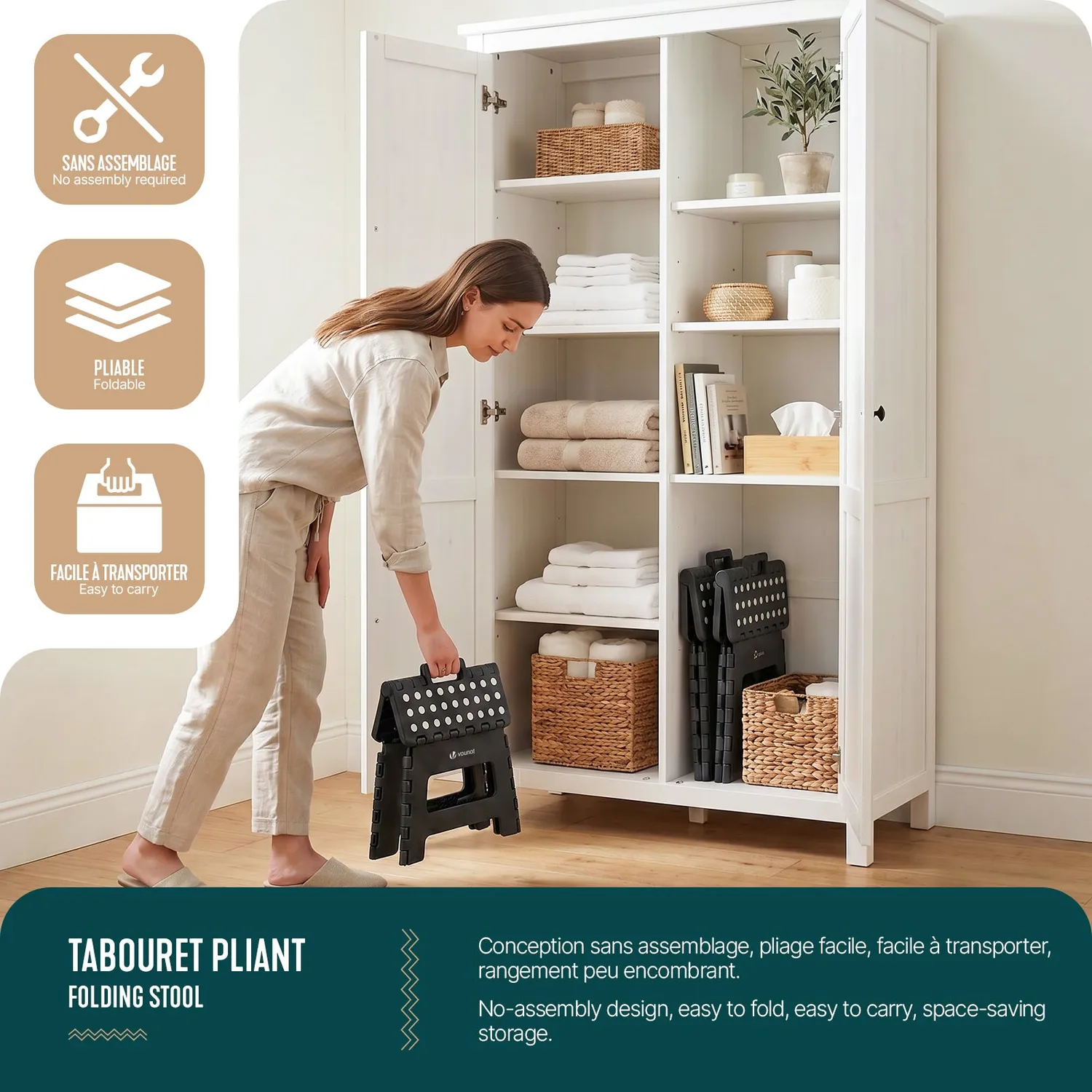 VOUNOT Sgabello Pieghevole 32x25x22 Nero Plastica