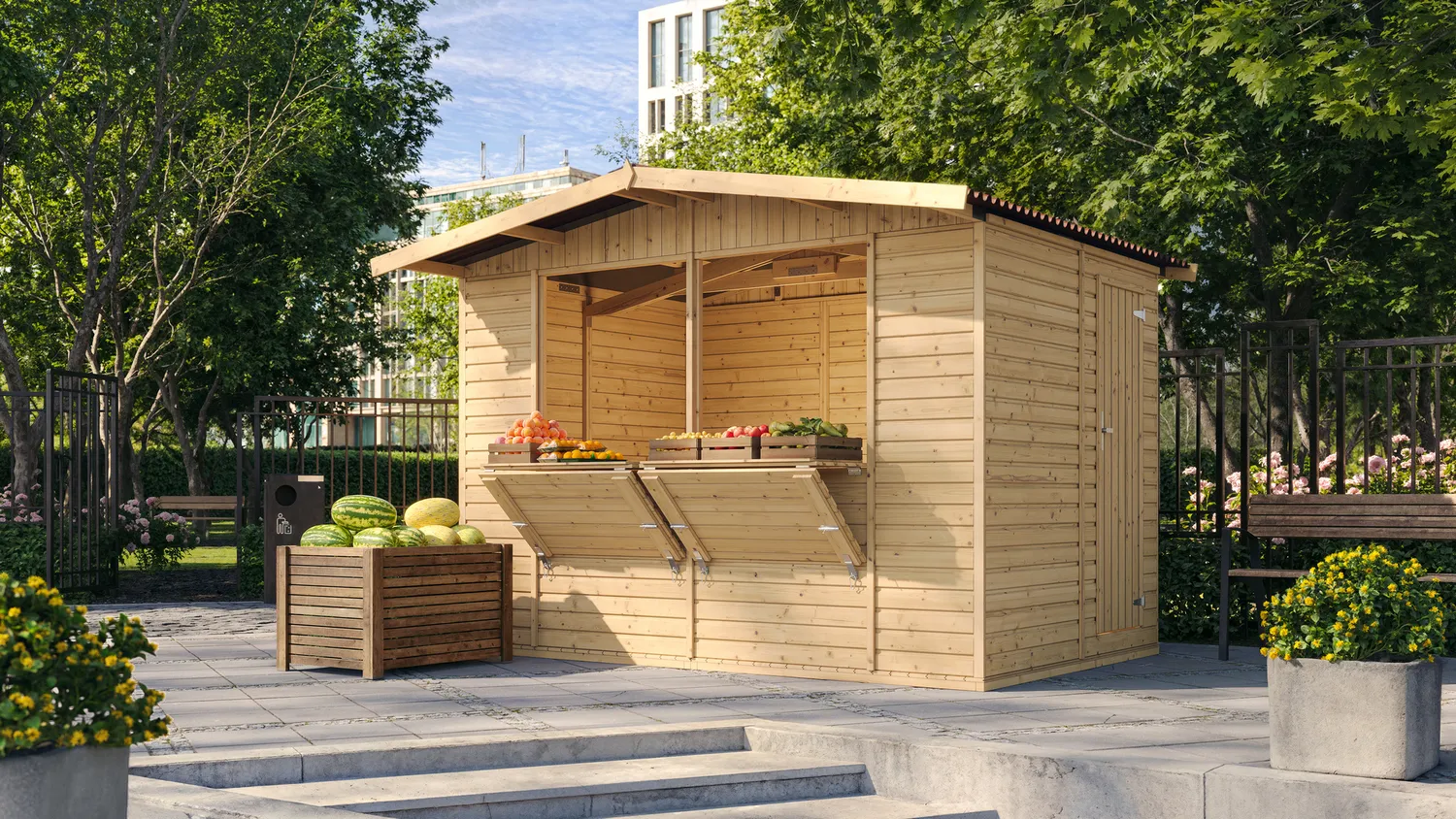 Timbela M150 Chiosco in Legno da Mercato 303x199 6m²