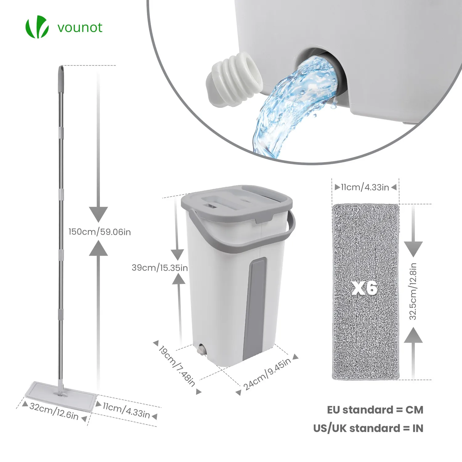 VOUNOT Mocio Piatto con Secchio Strizzatore Bianco 6 Panni