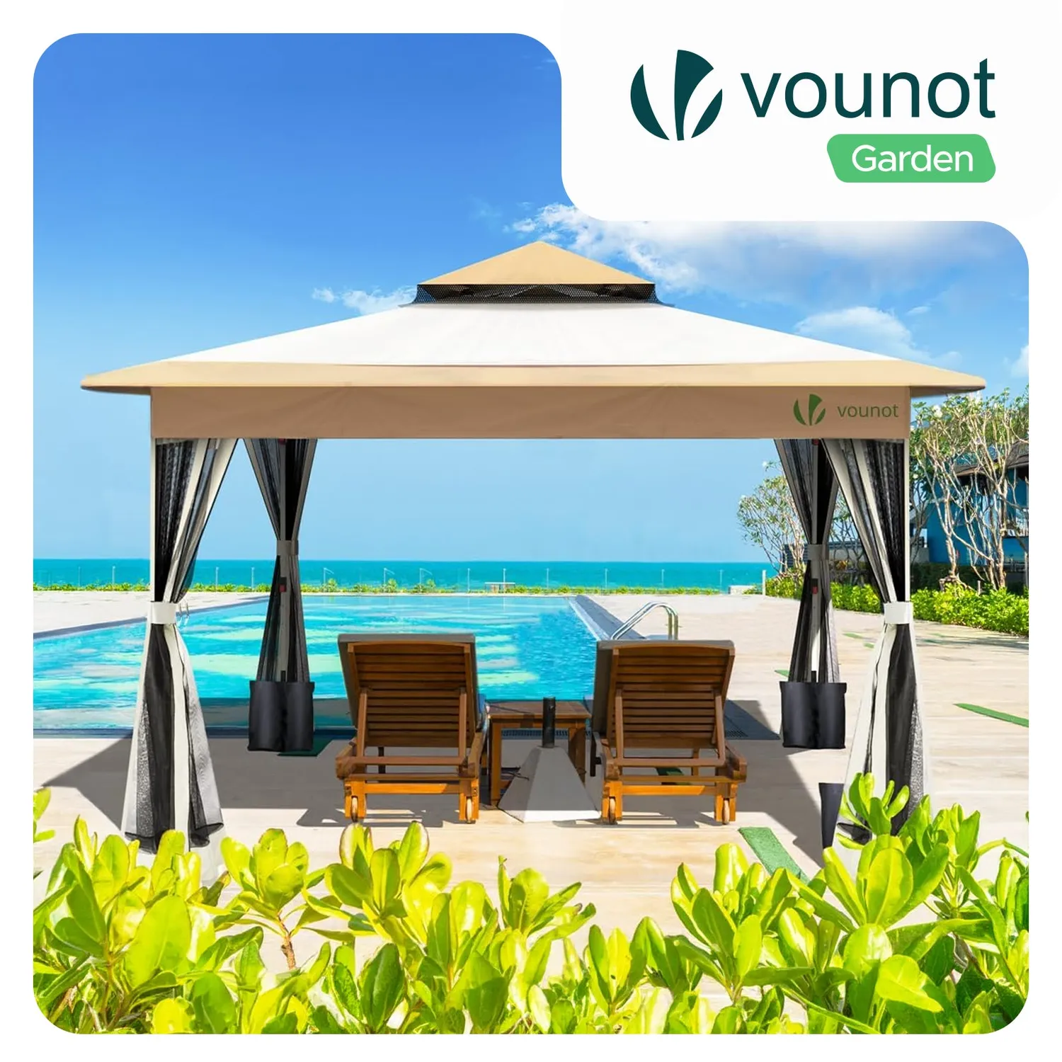 VOUNOT Gazebo Pieghevole 3,6x3,6 Beige con Zanzariera