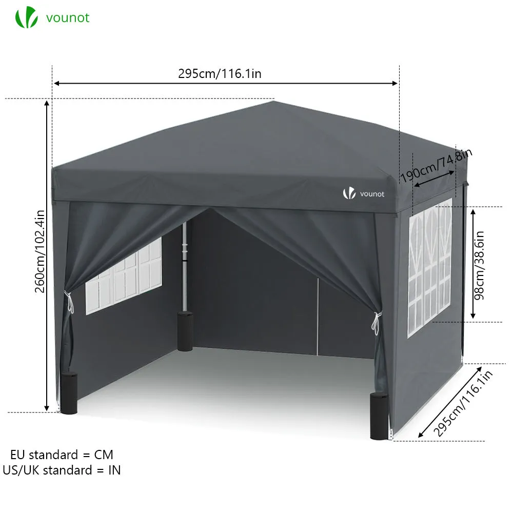 VOUNOT Gazebo Pieghevole 3x3 m Grigio con 4 Pareti