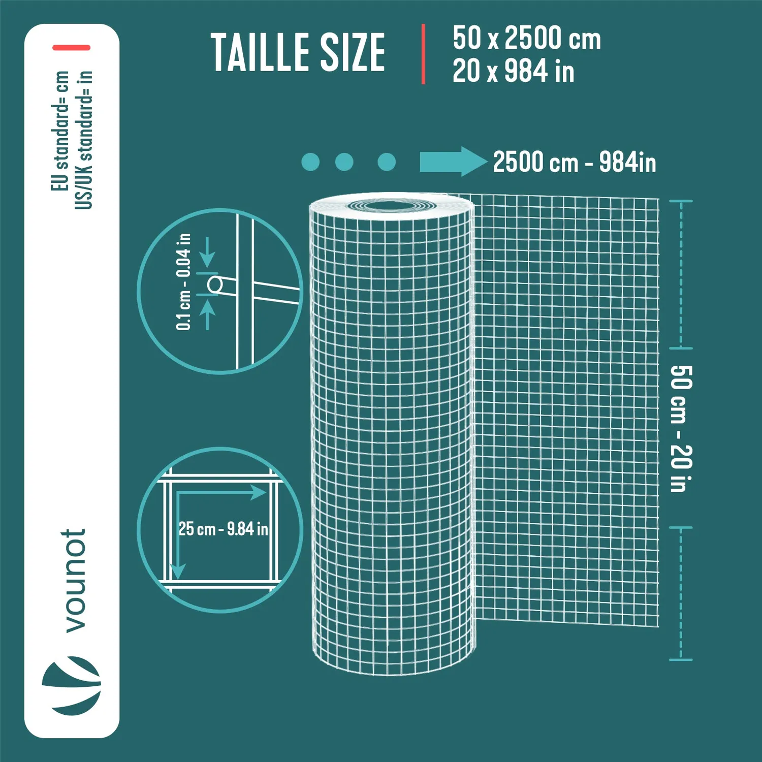 VOUNOT rete saldata PVC 25 mm 0,5x25 m grigia