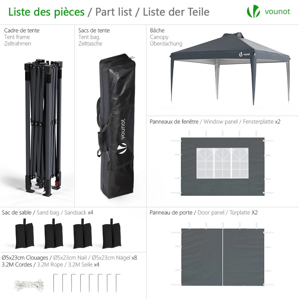 VOUNOT Gazebo Pieghevole 3x3 m Grigio Pop-Up con Pareti