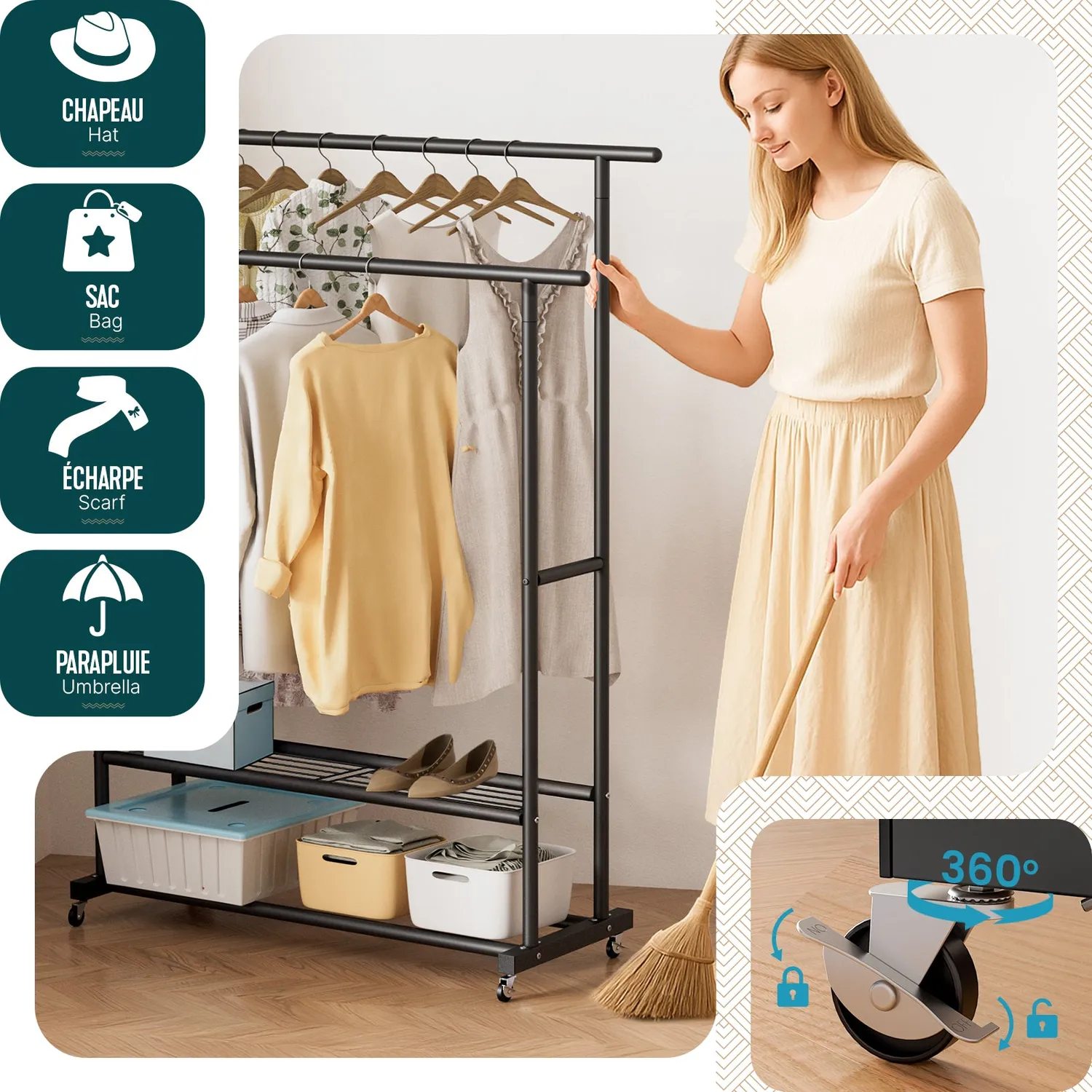 Vounot Stender Doppio con Rotelle 121x40x147cm Nero 40kg