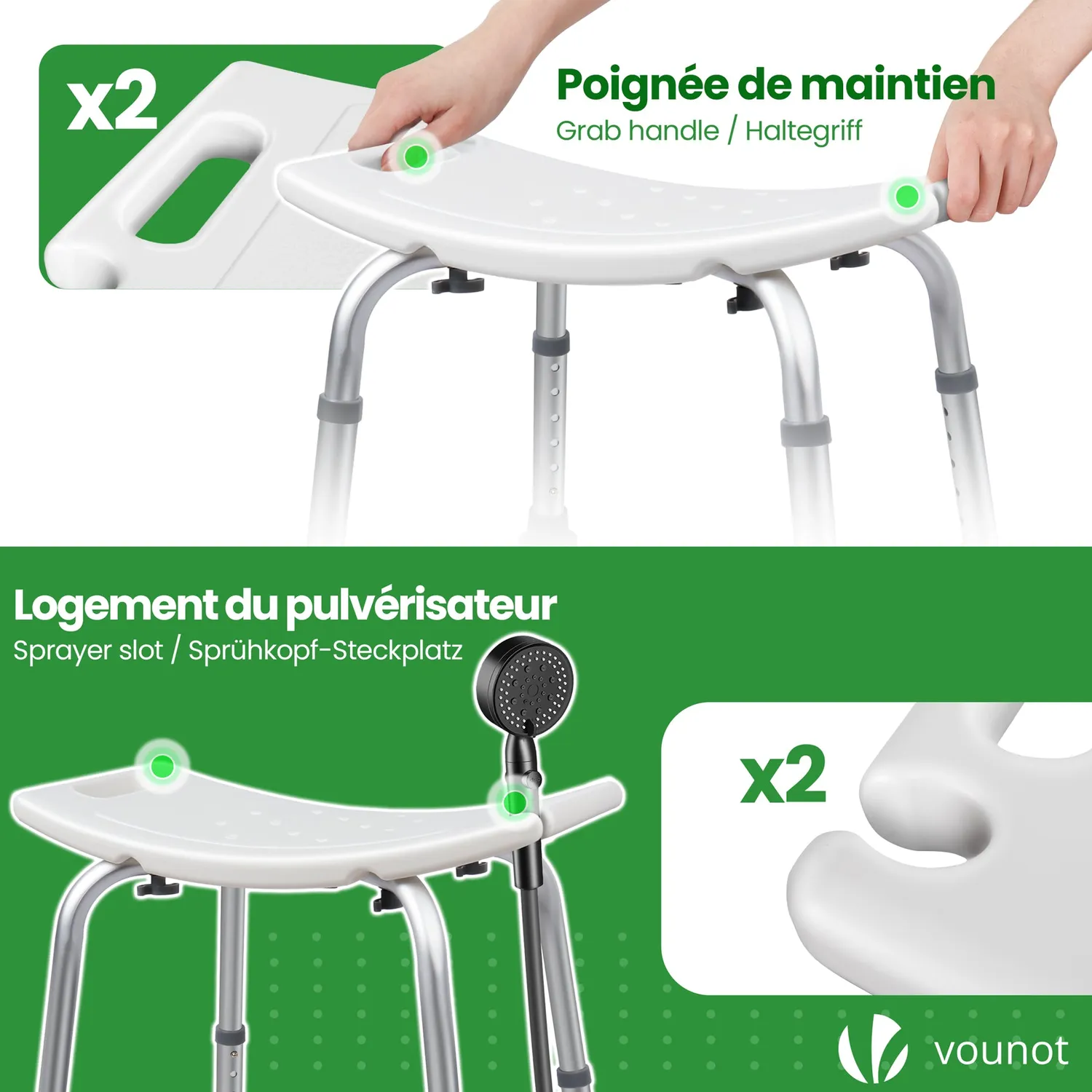 Vounot Sgabello Doccia Regolabile Bianco Alluminio 136kg