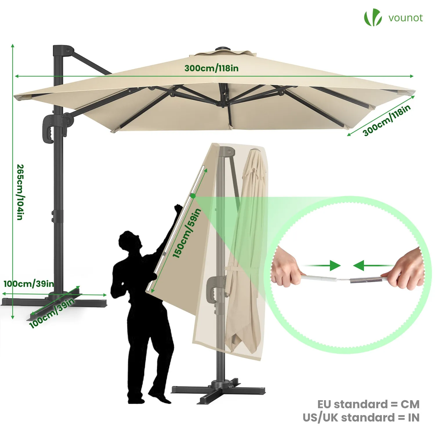 VOUNOT Ombrellone Decentrato Quadrato 3x3 m Beige Inclinabile