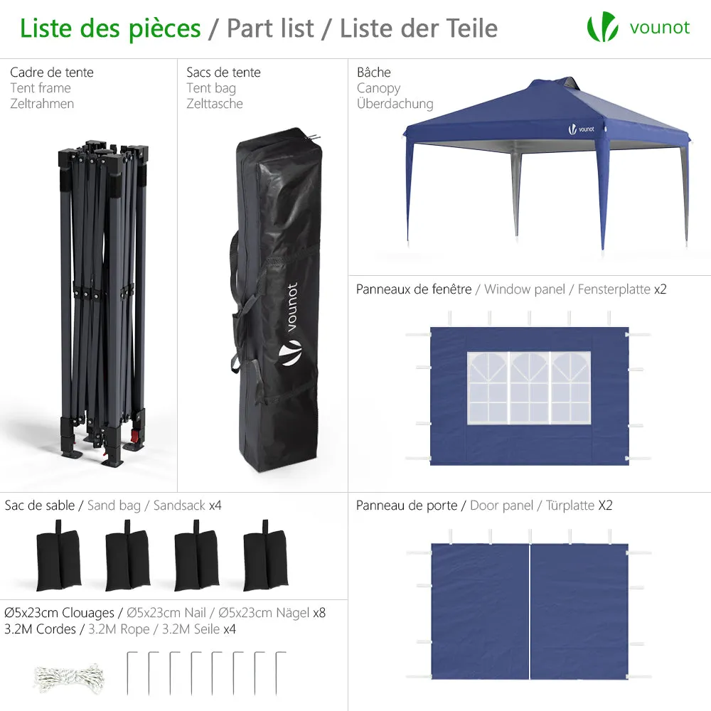 VOUNOT gazebo pieghevole 3x3 m blu con pareti