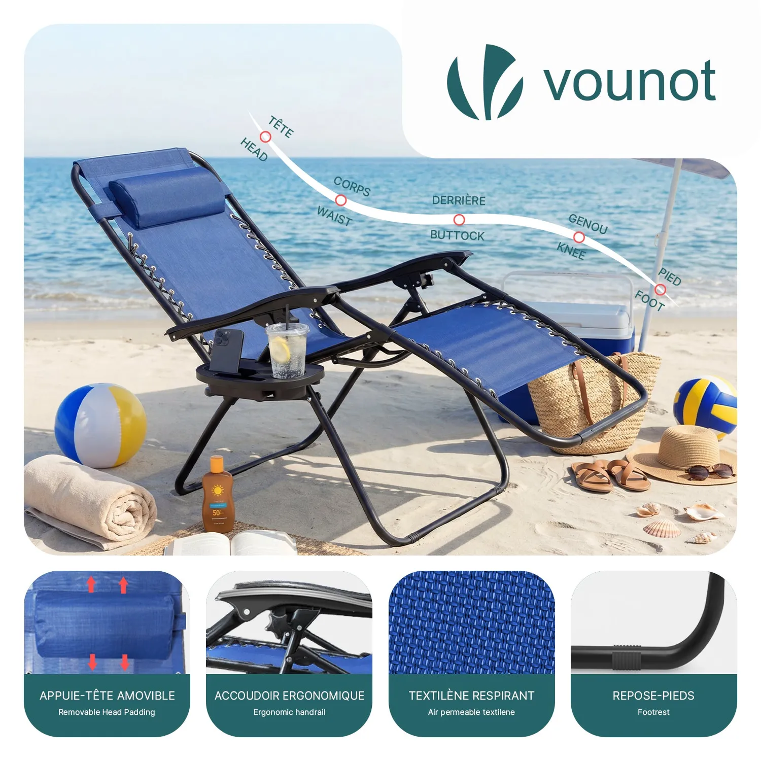 VOUNOT Set 2 sdraio reclinabili textilene blu con tavolo