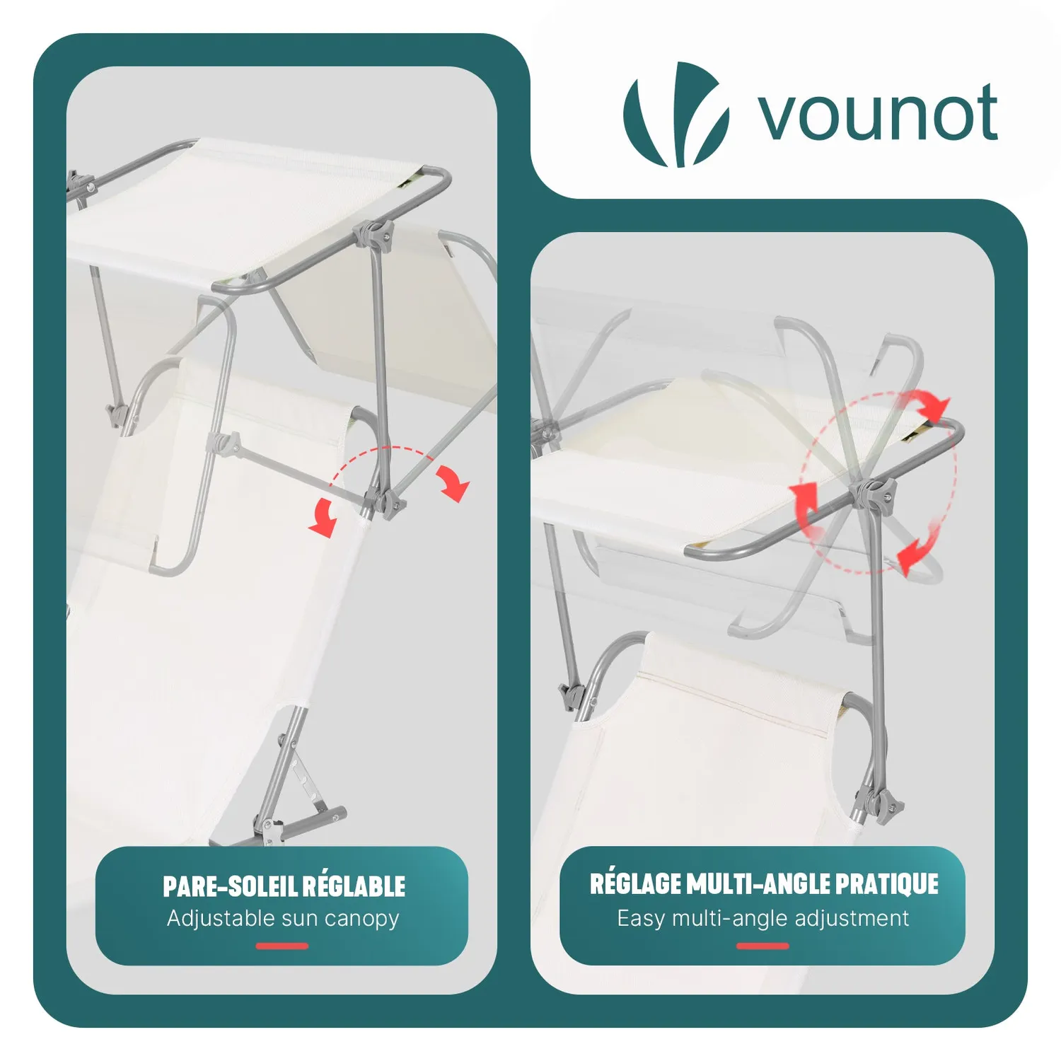 VOUNOT lettino prendisole beige 2 pezzi parasole orientabile