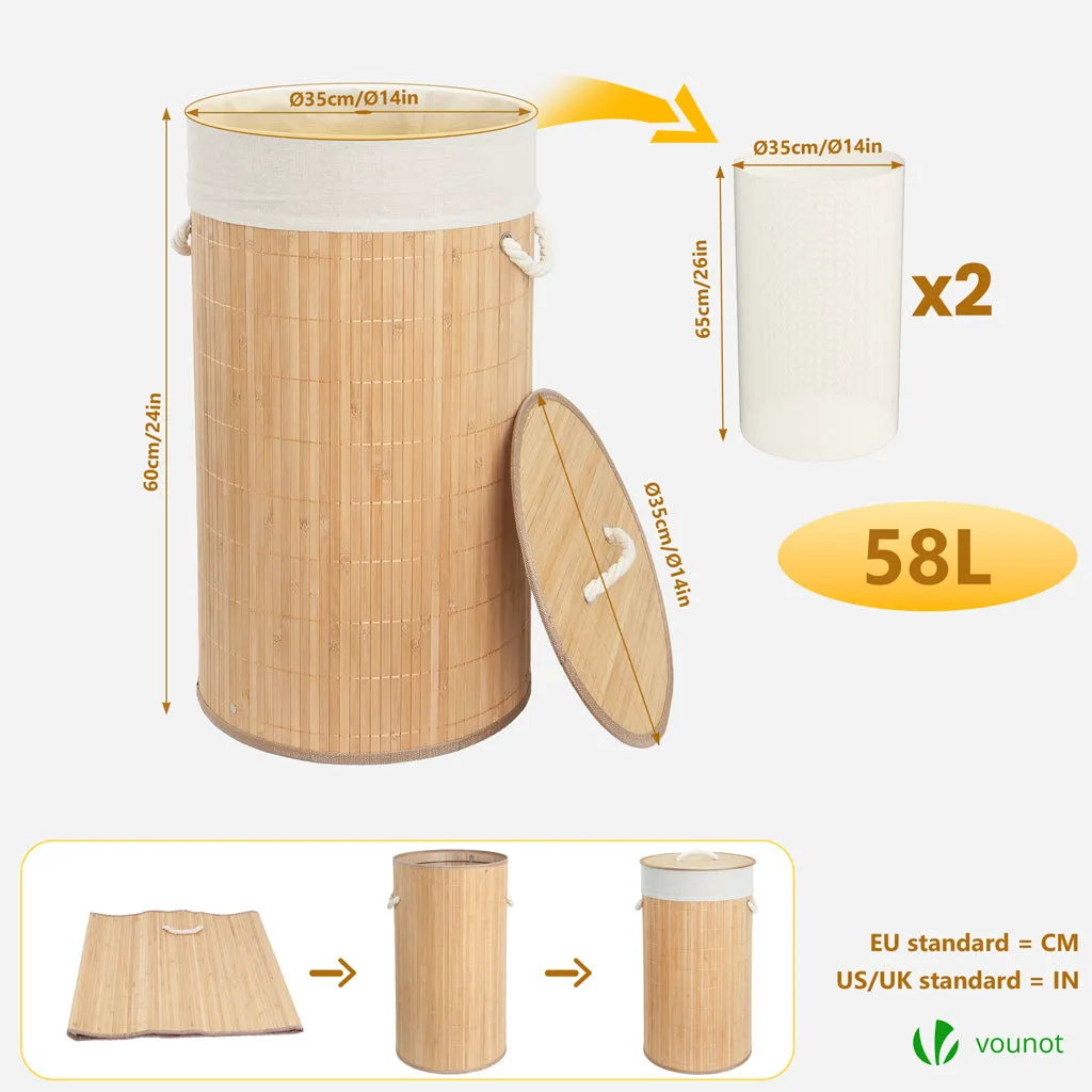 VOUNOT Cesto Biancheria Bambù Rotondo 58L Naturale