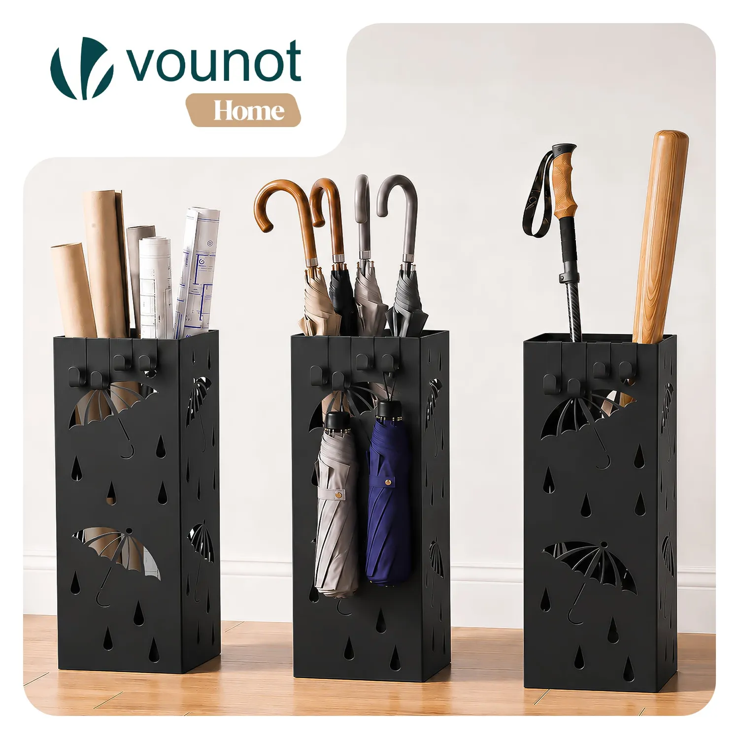 VOUNOT Portaombrelli in Metallo Nero 15,5x15,5x43,5 cm con vaschetta