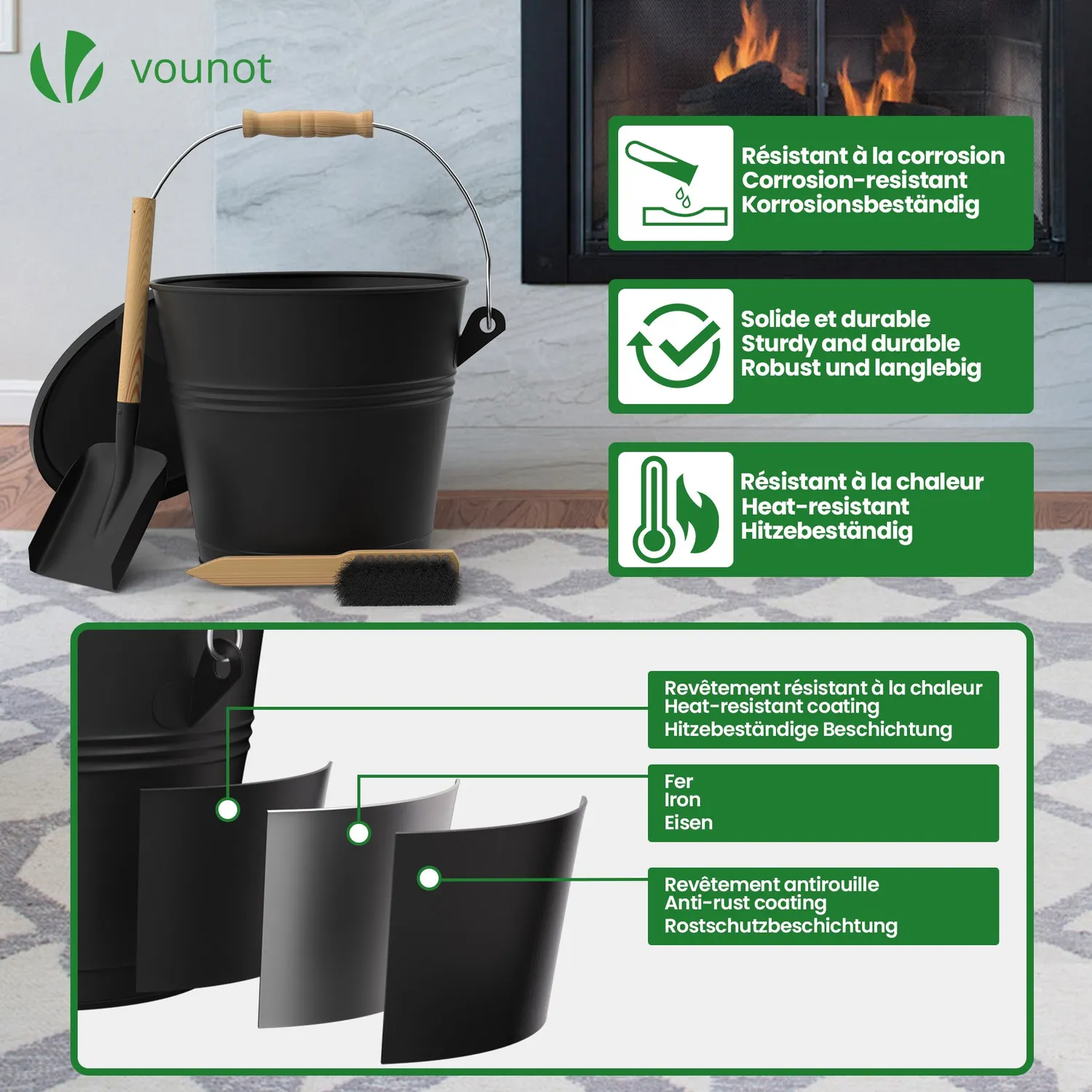 VOUNOT Secchio Cenere Metallo Nero 5L con Paletta