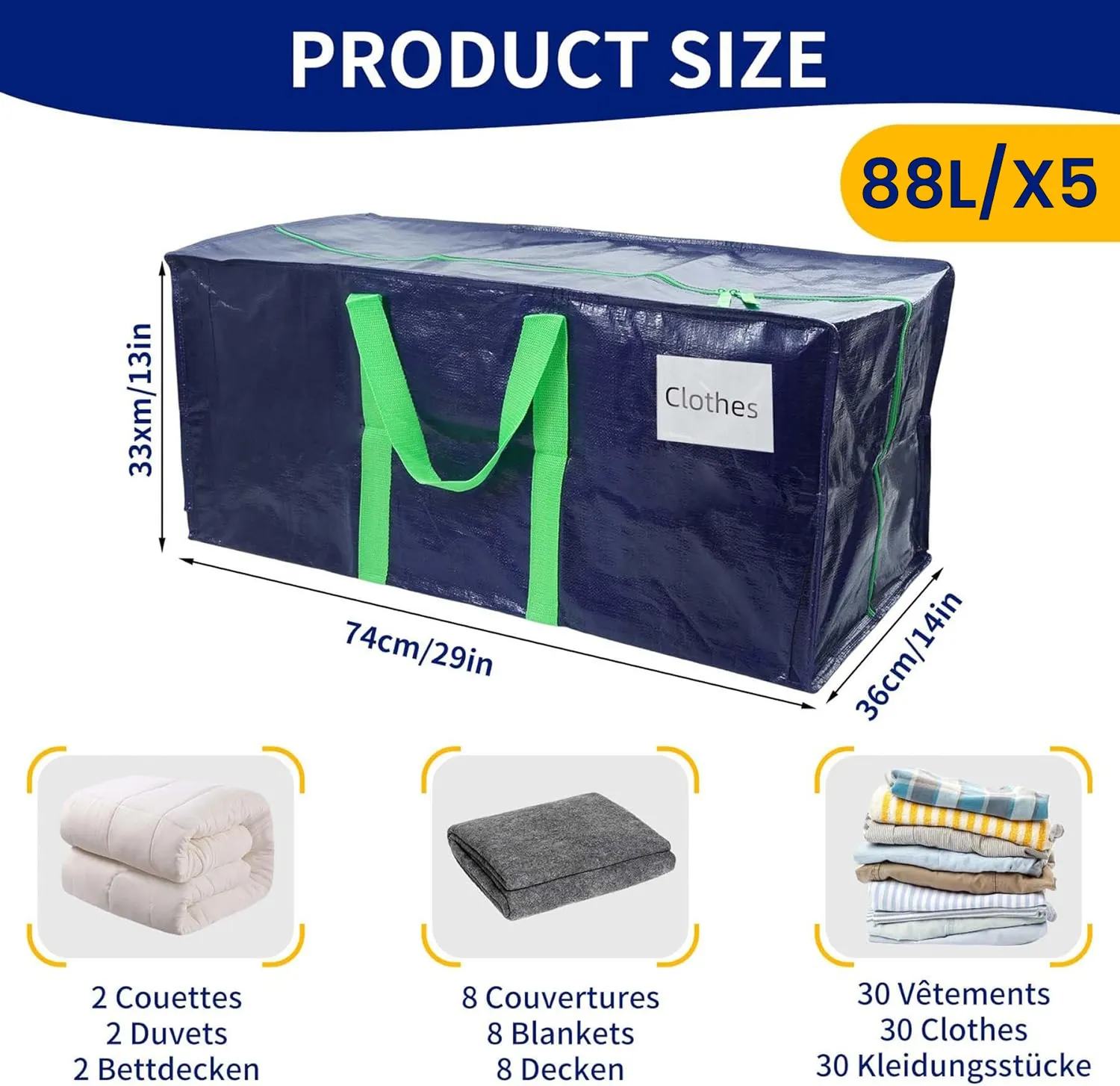 VOUNOT Sacchi Trasloco Blu 88L 5 Pezzi 25Kg