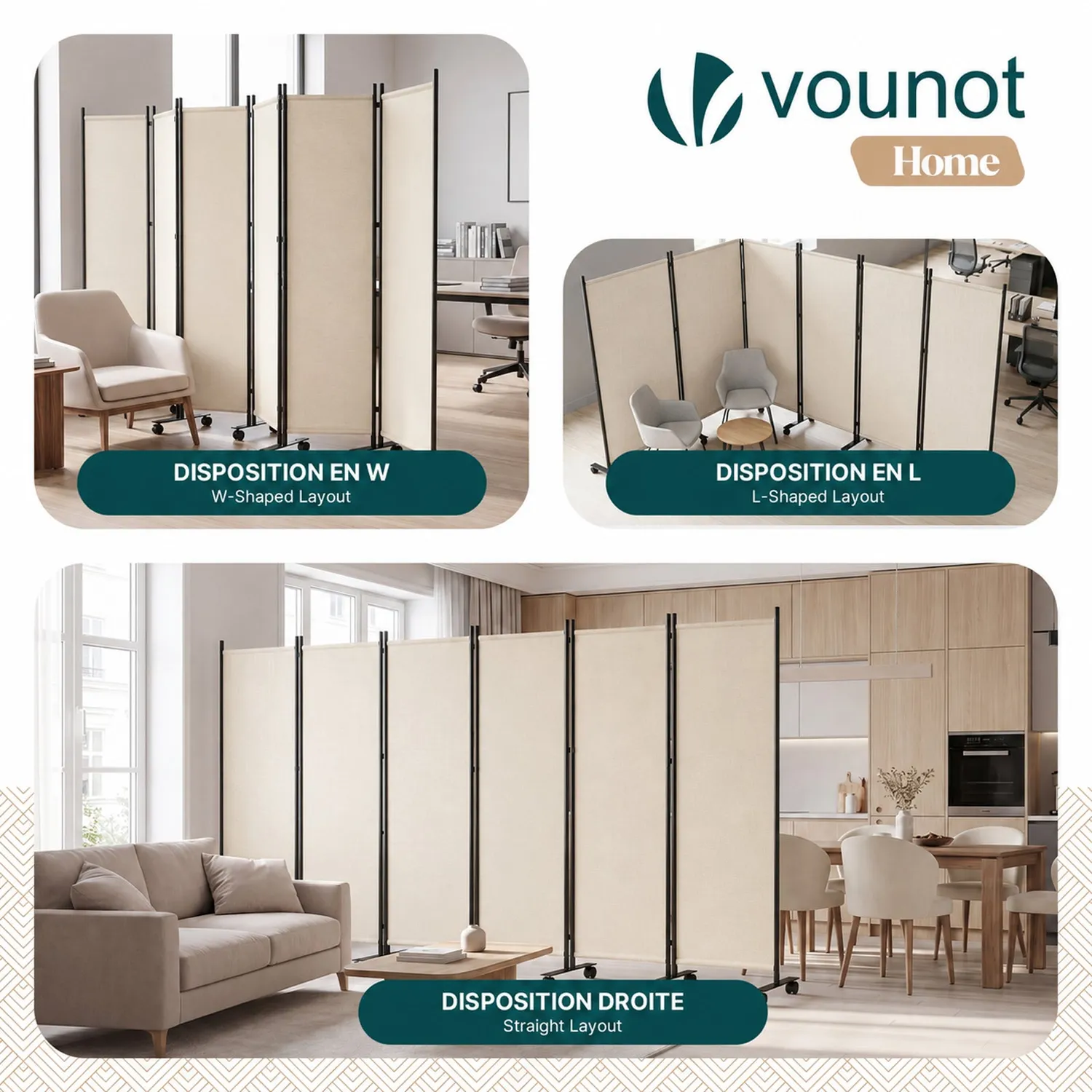 VOUNOT Paravento pieghevole 6 pannelli beige 340x171 cm