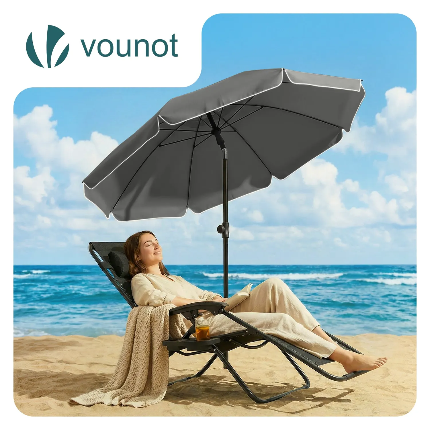 VOUNOT Ombrellone 2x2 m Grigio UV50+ con Picchetto