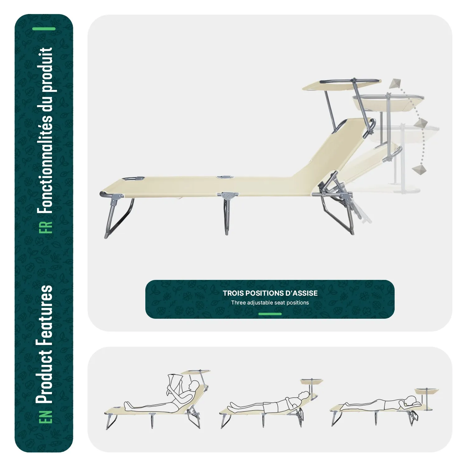 VOUNOT Lettino sdraio con parasole beige set 2 pezzi