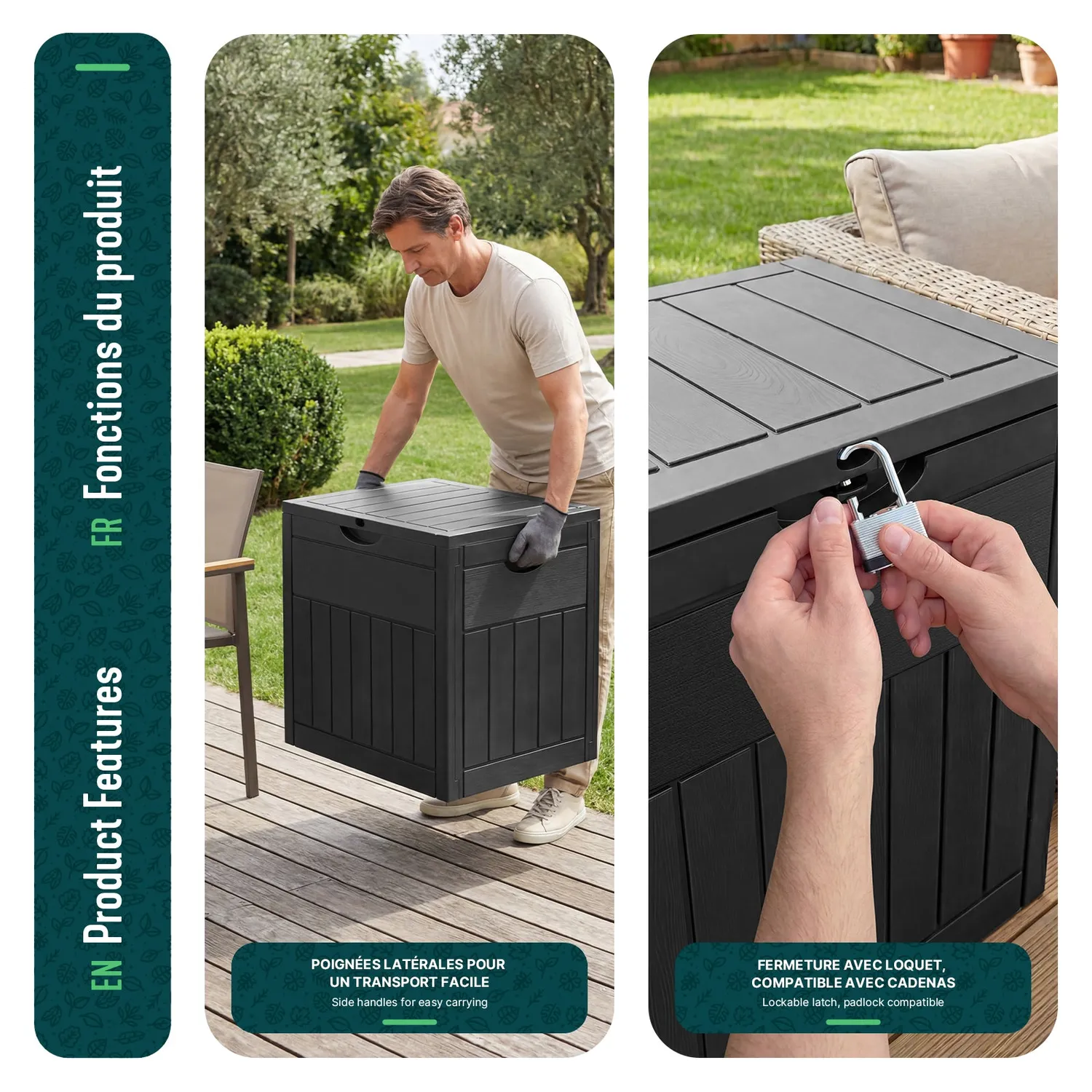 VOUNOT Baule Giardino Esterno 126L Nero Effetto Legno 56x43x53