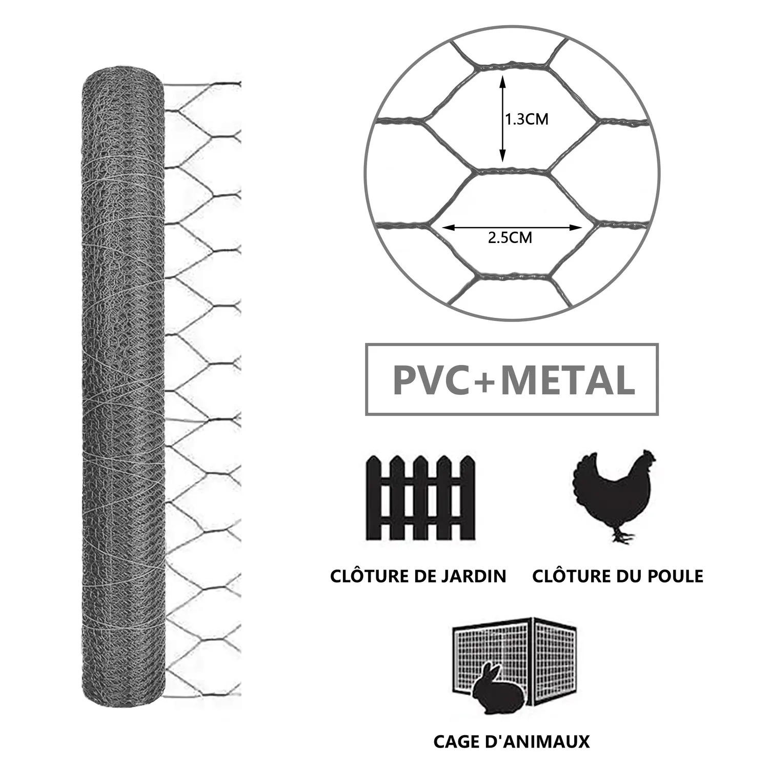 VOUNOT Rete Pollaio PVC Grigia 1x25 m Maglia 13 mm