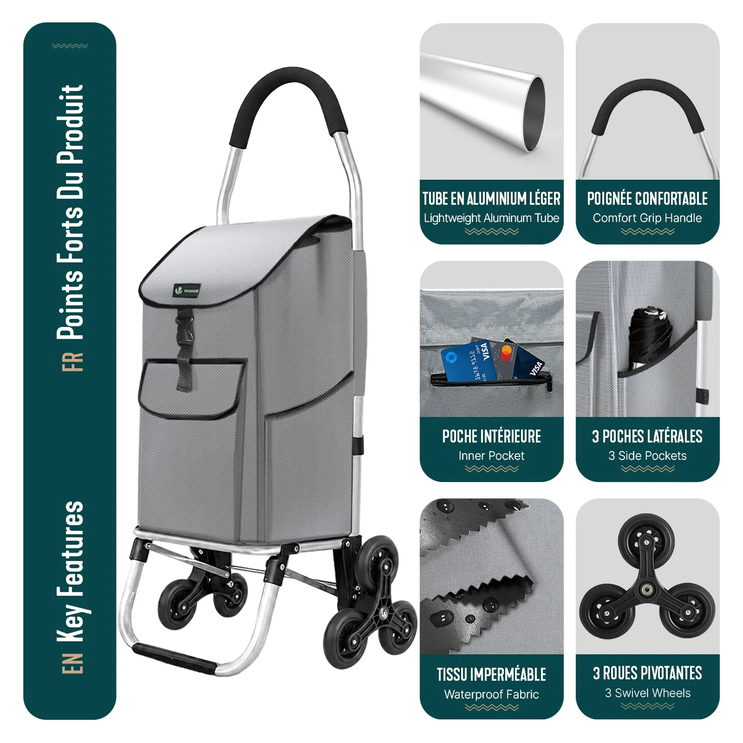 VOUNOT Carrello Spesa Saliscale 58L Alluminio Grigio Pieghevole