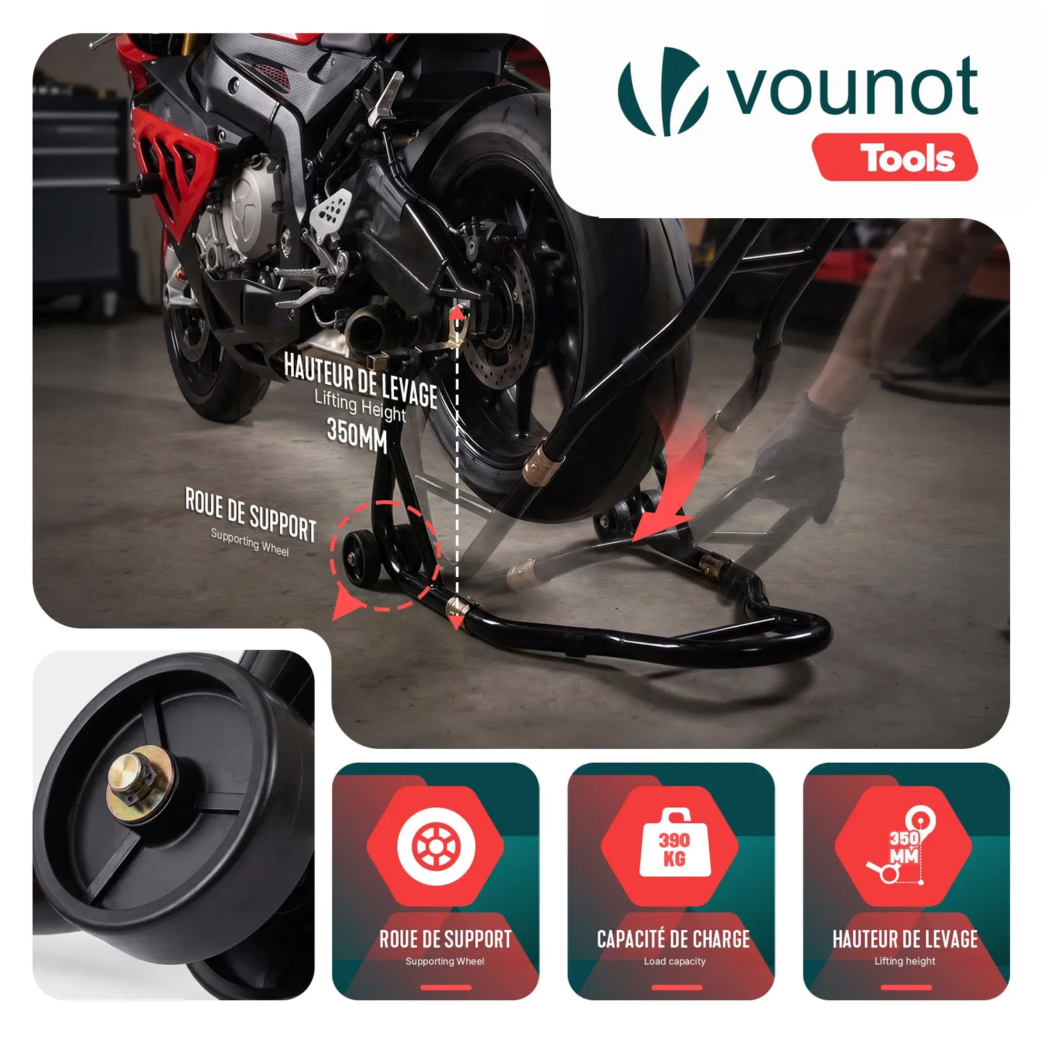 Vounot cavalletto moto posteriore acciaio nero 390 kg