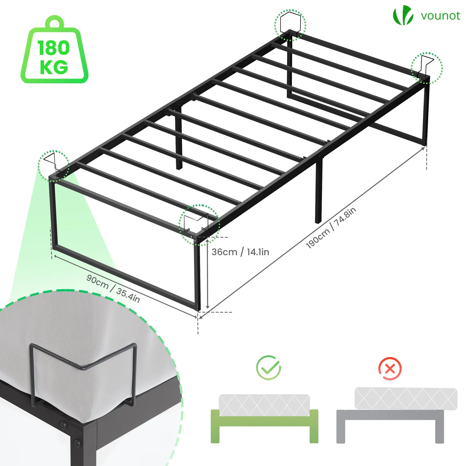 Vounot rete letto singola 90x190 cm nera 180 kg