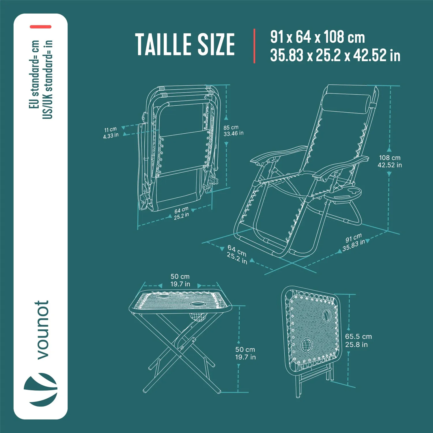 VOUNOT Set 2 sdraio reclinabili textilene blu con tavolo