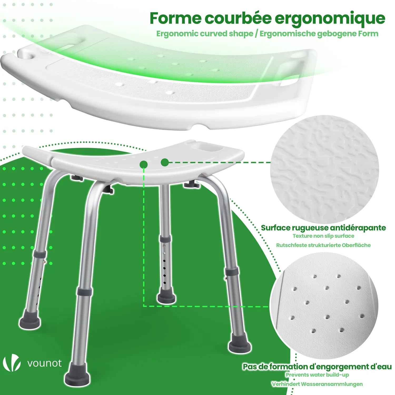 Vounot Sgabello Doccia Regolabile Bianco Alluminio 136kg